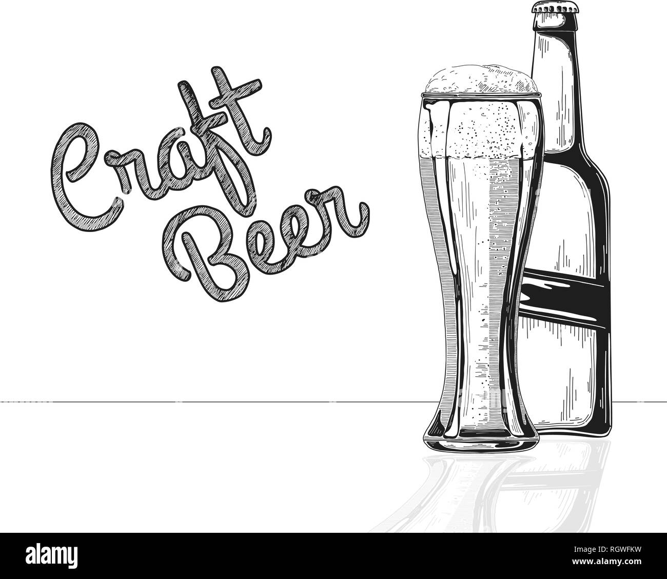 Bottiglia di birra. Vetro con birra. La birra artigianale. Illustrazione vettoriale di un disegno stile. Illustrazione Vettoriale