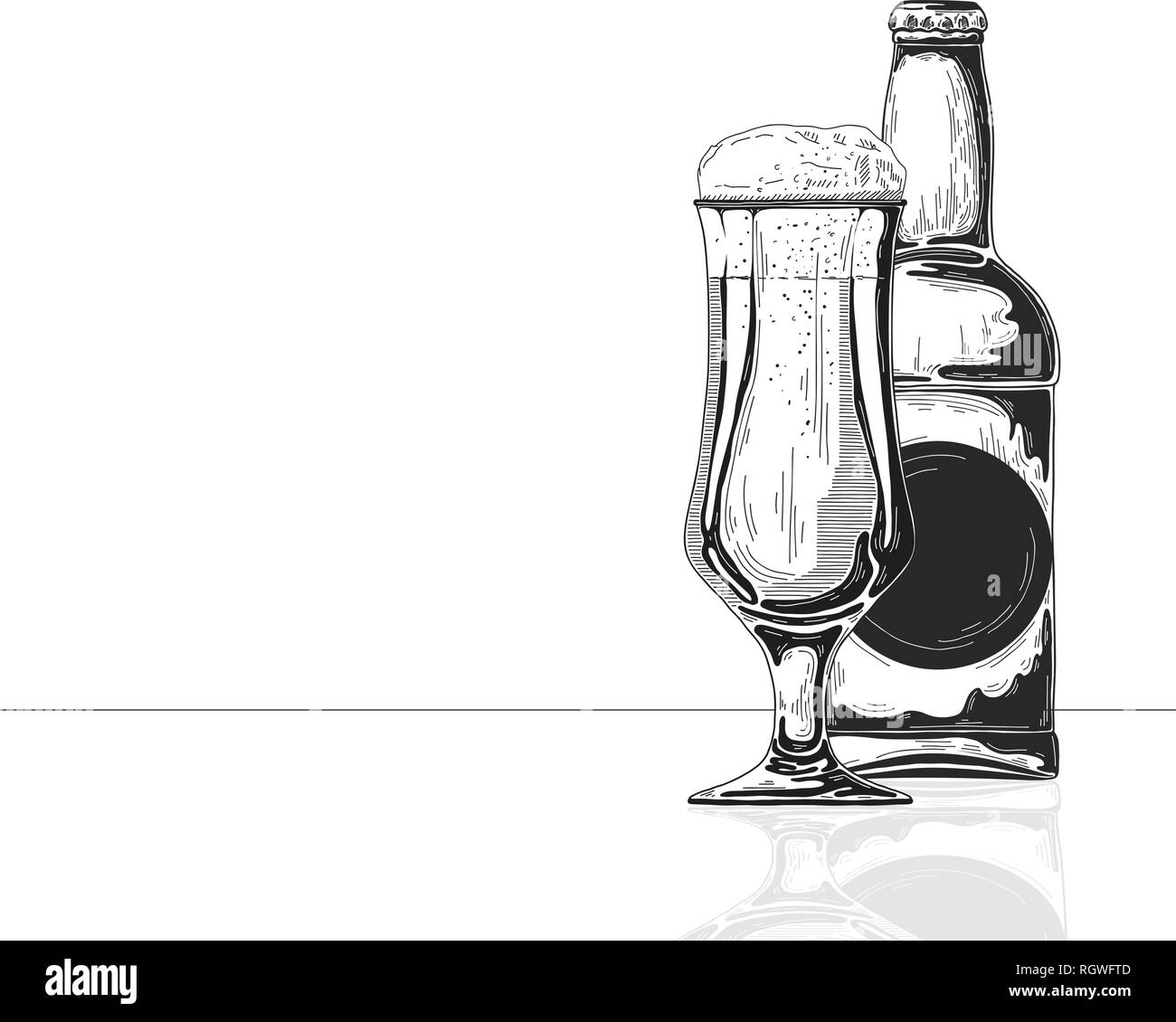 Bottiglia di birra. Vetro con birra. Illustrazione vettoriale di un disegno stile. Illustrazione Vettoriale