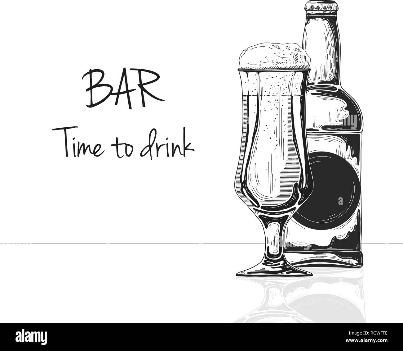 Bottiglia di birra. Vetro con birra. Didascalia: nato a bere birra. Illustrazione vettoriale di un disegno stile. Illustrazione Vettoriale