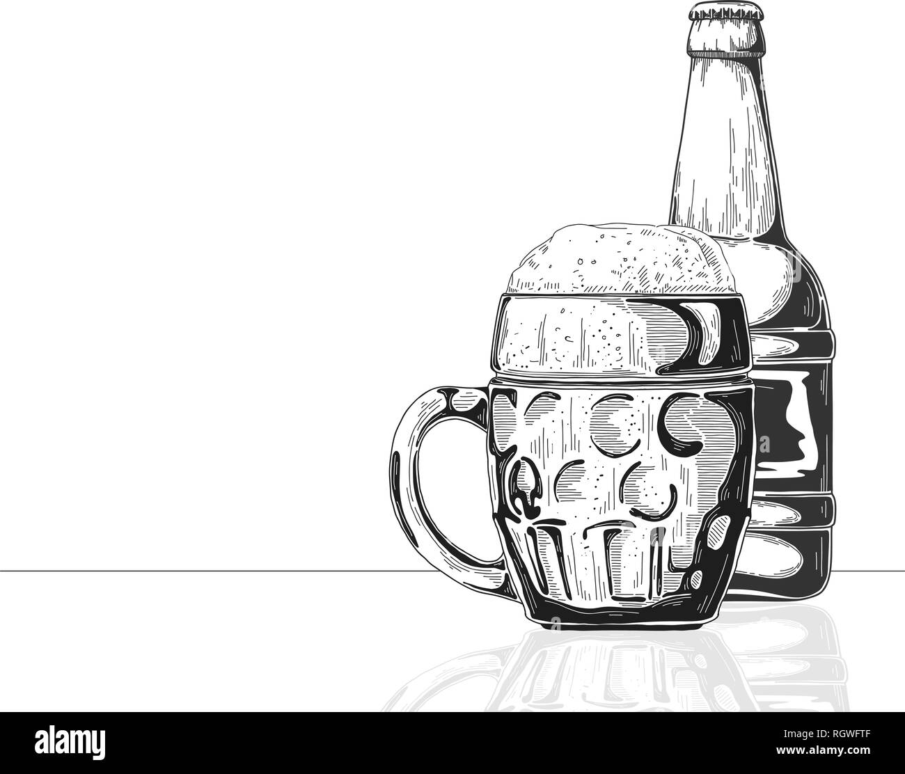 Bottiglia di birra. Vetro con birra. Illustrazione vettoriale di un disegno stile. Illustrazione Vettoriale