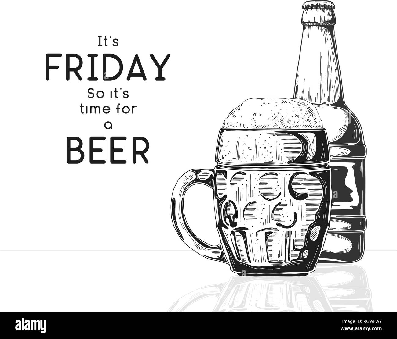 Bottiglia di birra. Vetro con birra. Didascalia: è venerdì quindi è il momento per una birra. Illustrazione vettoriale di un disegno stile. Illustrazione Vettoriale