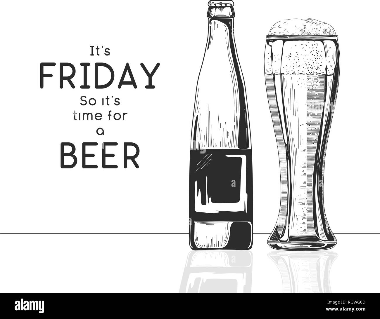 Bottiglia di birra. Vetro con birra. Didascalia: è venerdì quindi è il momento per una birra. Illustrazione vettoriale di un disegno stile. Illustrazione Vettoriale