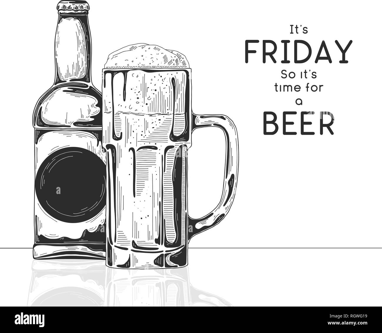 Bottiglia di birra. Vetro con birra. Didascalia: è venerdì quindi è il momento per una birra. Illustrazione vettoriale di un disegno stile. Illustrazione Vettoriale