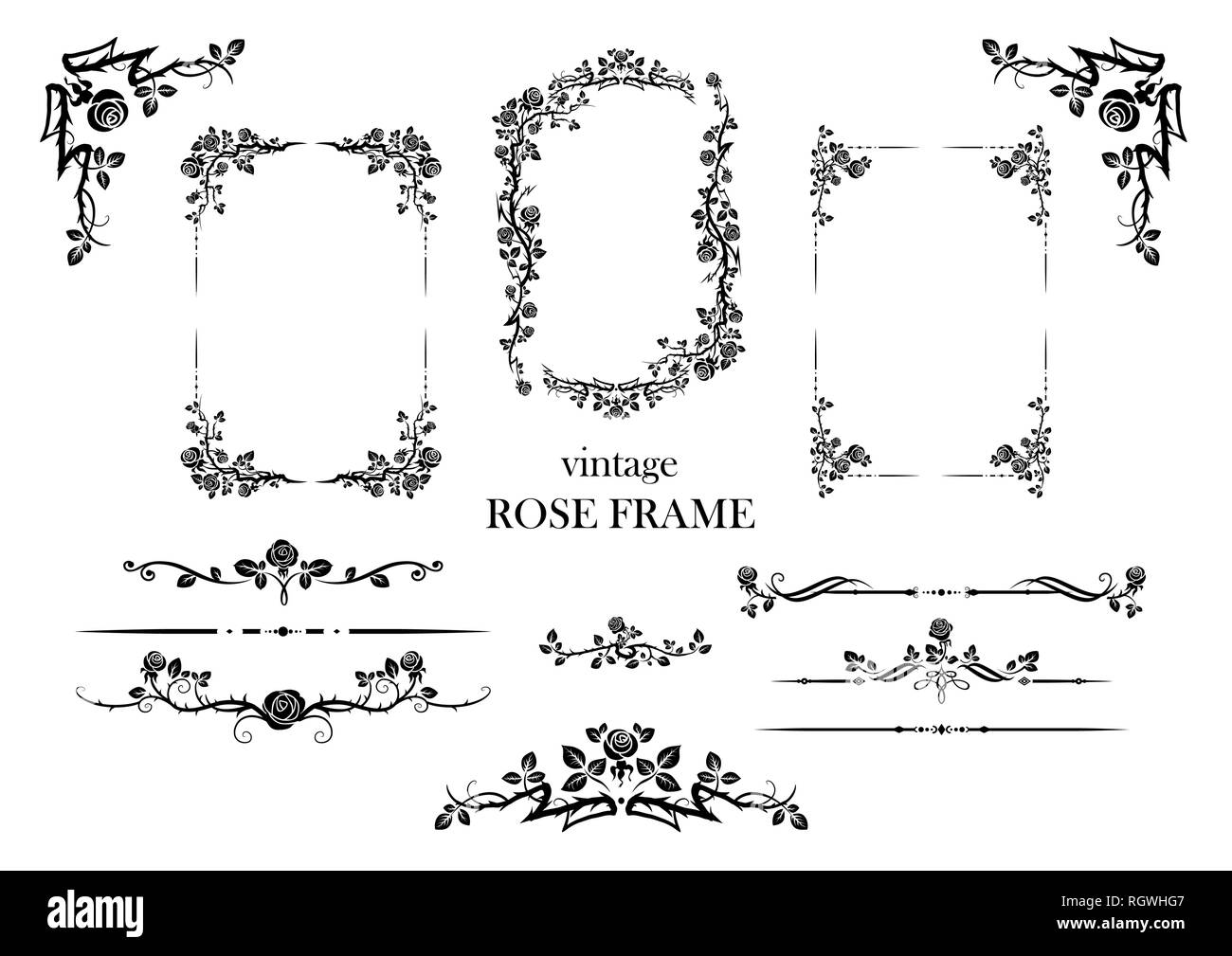 Nero elegante set di elementi di rose per le feste di nozze di design, anniversario festa di compleanno. Per l'invito, biglietto, foglio, banner, poster ed tatt Illustrazione Vettoriale