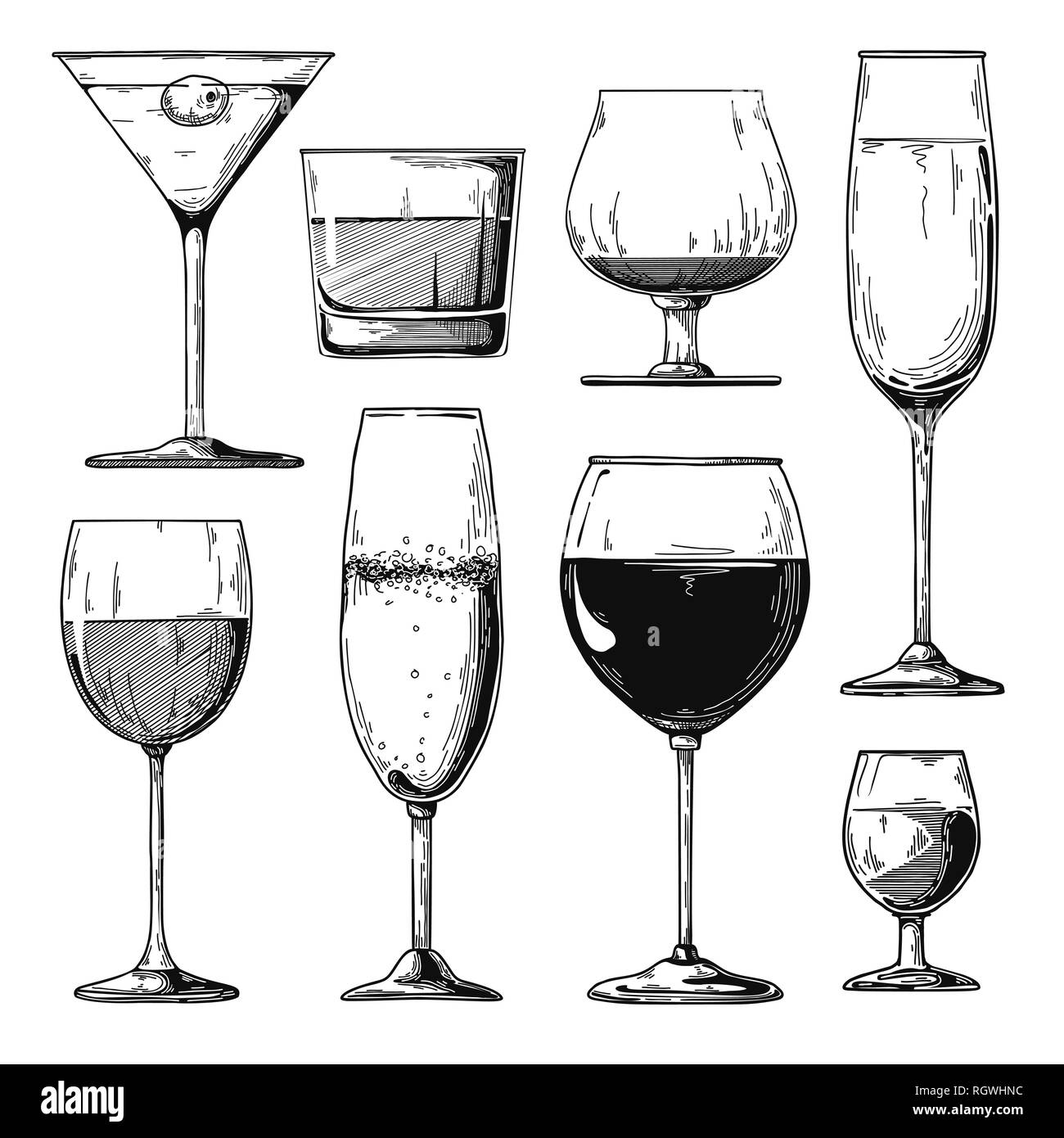 Schizzo diversi bicchieri di vetro. Vino, spumante, cognac e altre bevande vettore Illustrazione Vettoriale