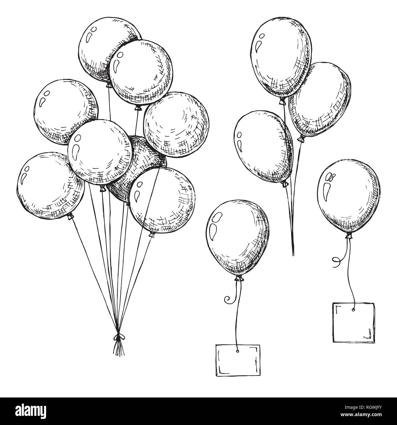 Set di palloncini diversi. Palloni gonfiabili su una stringa. Palloncini gonfiabili con una scheda per il testo. Schizzo Illustrazione Vettoriale