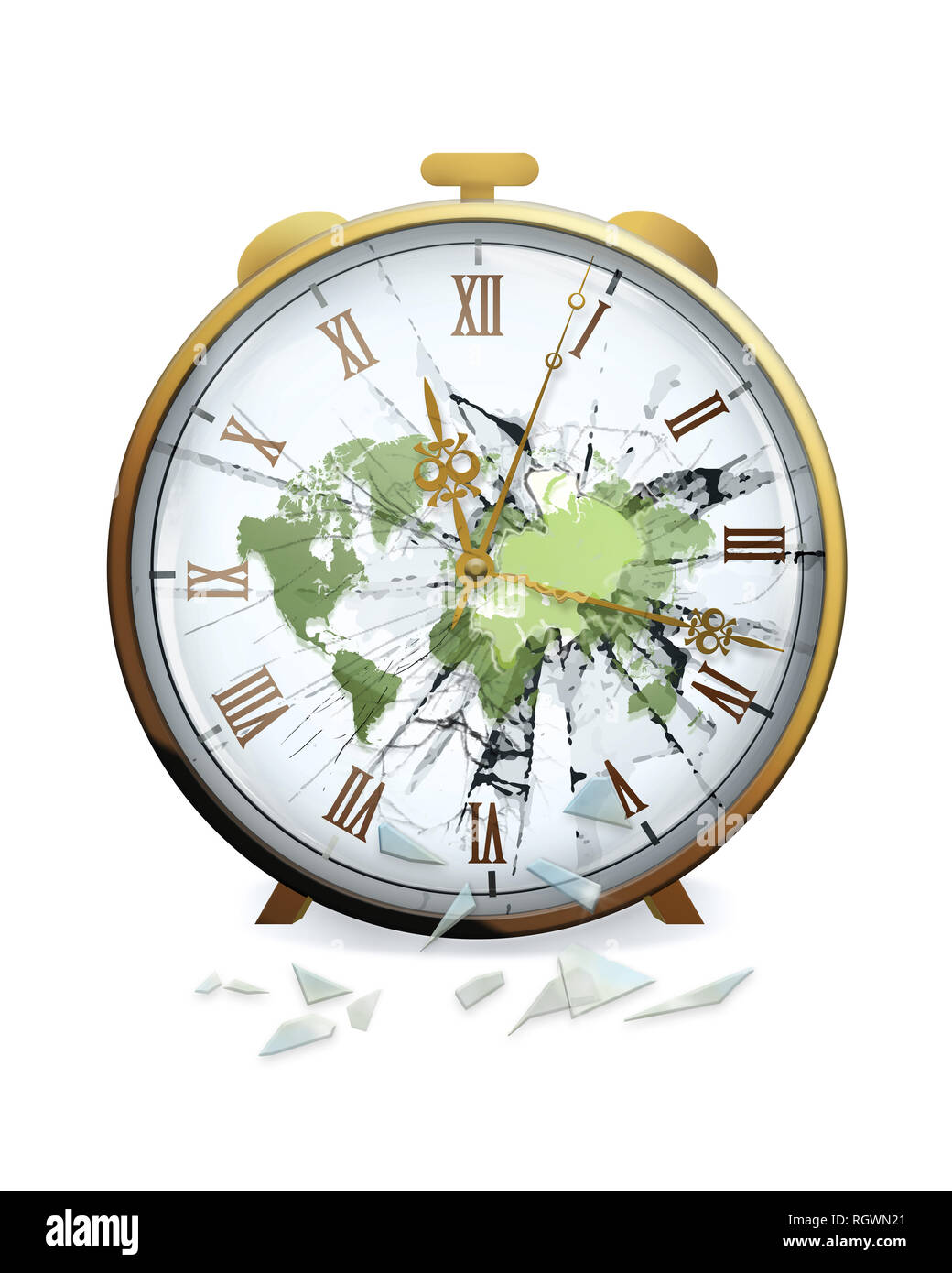 Primo piano della faccia di clock con il vetro rotto. Il tempo sta per scadere. Foto Stock