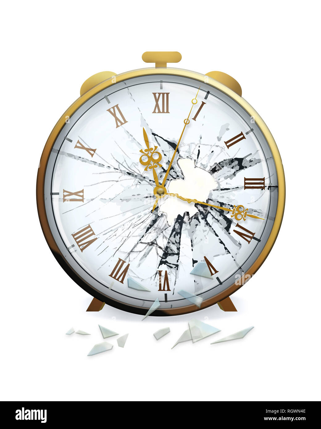 Primo piano della faccia di clock con il vetro rotto. Il tempo sta per scadere. Foto Stock