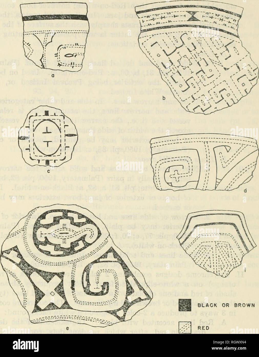 . Bollettino. Etnologia. 364 Bureau of American etnologia [Boll. 167. Di colore nero o marrone figura 128.-Joanes verniciato, Marajoara fase, a-c, tipo policromo A. d-f, tipo policromo B. altra forma. Piccolo ciondolo puntini lungo linee strette sono un altro popu- lar motif. Altri elementi comprendono le linee ondulate (spesso in combinazione con T. e come loro che rappresenta il bianco, sfondo non verniciata piuttosto che un dipinto di linea), facce stilizzate (la maggior parte dei tipici su tangas), tri- angoli, rettangoli, croci, diamanti e brevi linee ondulate. I corpi di grandi urne di sepoltura spesso includono un arbusti faccia stilizzata di un Foto Stock