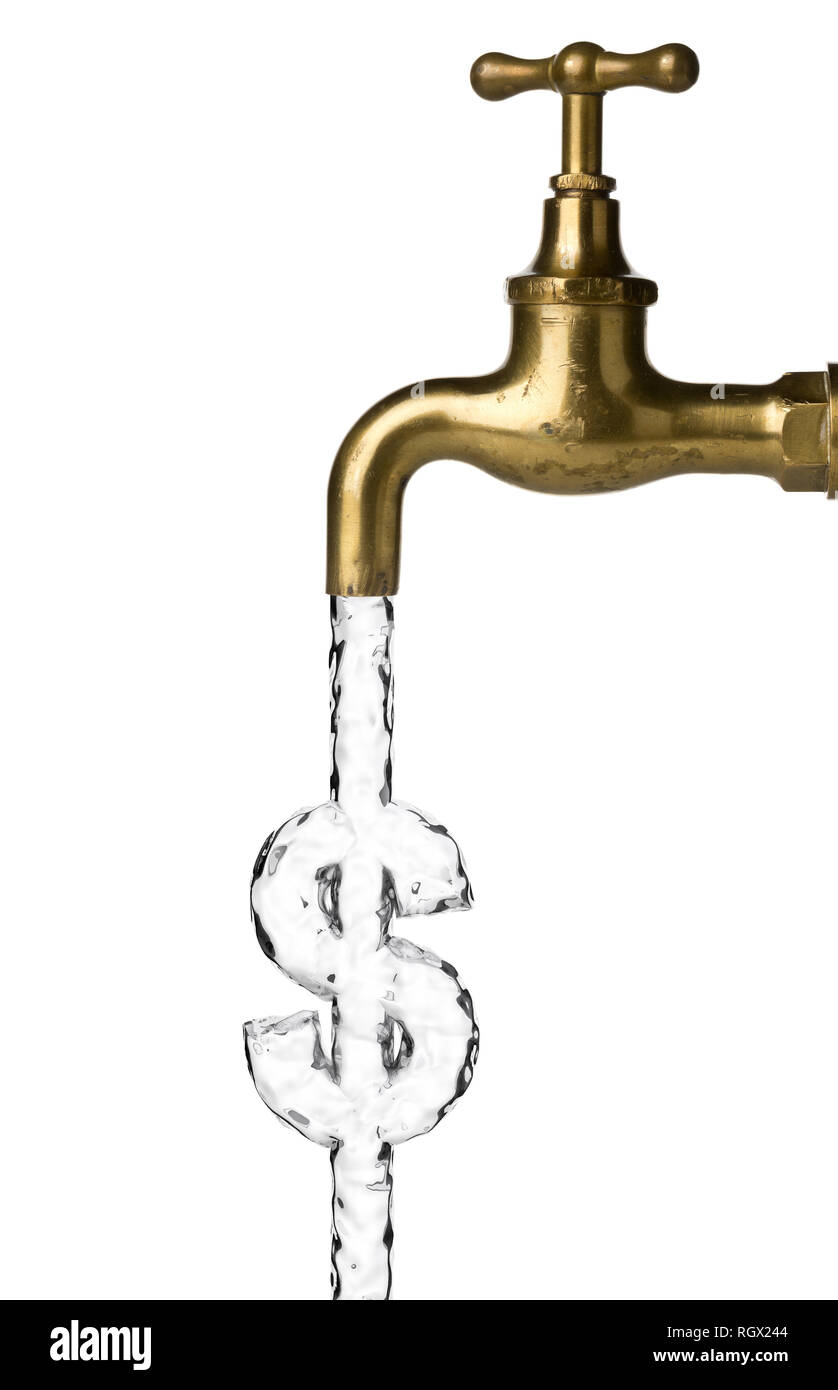 Flusso di acqua dal rubinetto di acqua o rubinetto formante dollar sign su sfondo bianco - acqua il costo o il concetto di rifiuti Foto Stock