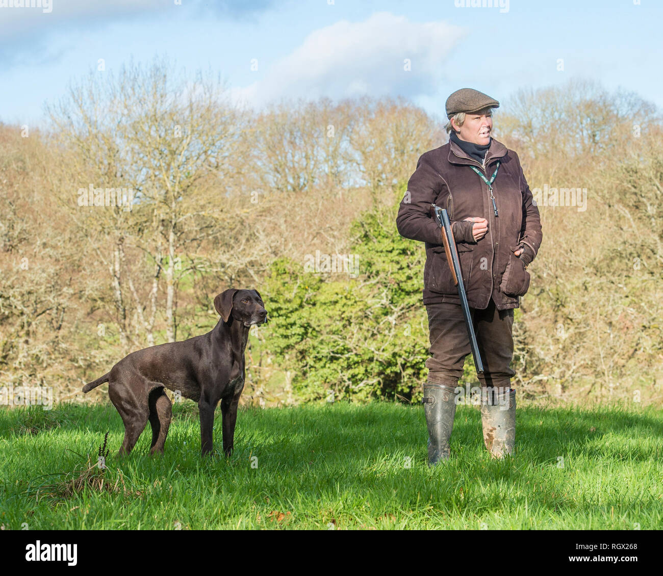 Il cacciatore di sesso femminile e il tedesco shorthaired puntatore cane Foto Stock