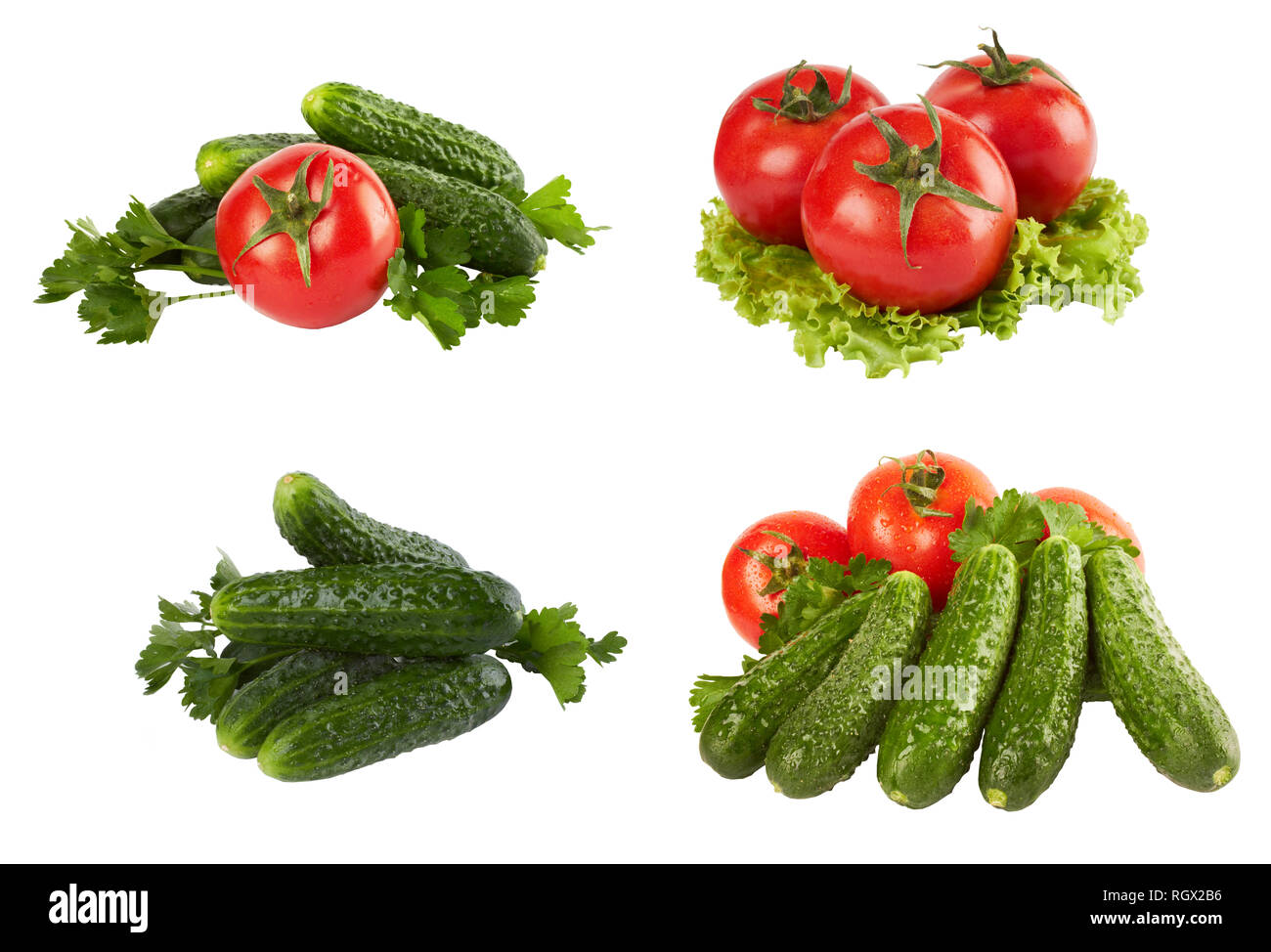 Pomodoro, Cetriolo vegetale e insalata di lattuga isolati su sfondo bianco Foto Stock