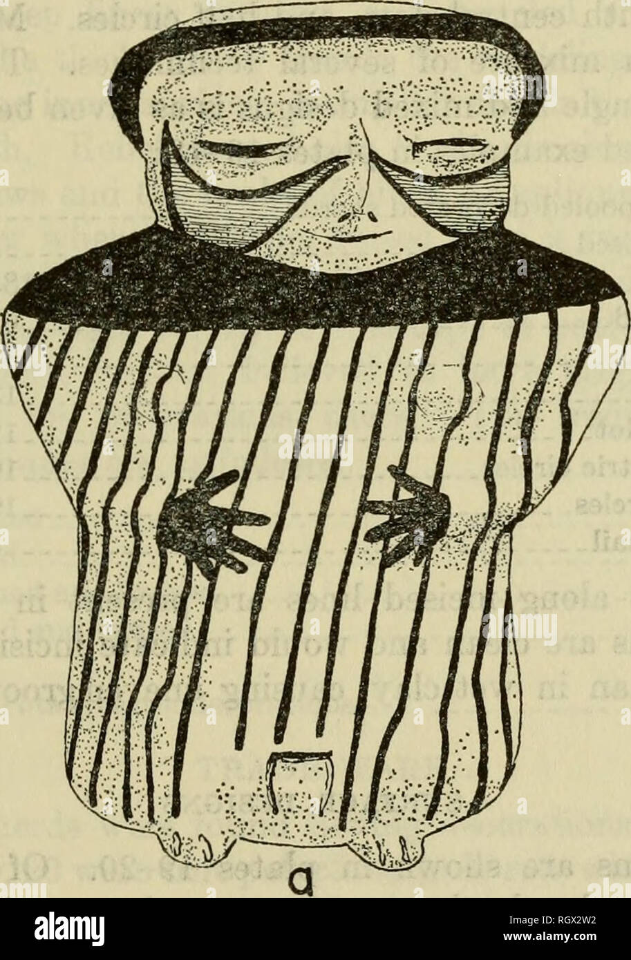 . Bollettino. Etnologia. Anthrop. Pap. No. 68] PREISTORIA DI PANAMA VIEJO-^BIESE 319 la penisola di Azuero rispetto al codice. Entrambe le mani modellate sono messi in bocca. La testa è scivolato in bianco con una cresta per indicare la linea sottile e un alto cappello conico decorato con alternanza di rosso e viola strisce. Ci sono sei corpo simmetrico pannelli, ridisegnato piatto nell'illustrazione. Il pannello anteriore (a') è ripetuto sul retro e consiste di cartigli in nero su sfondo naturale. Le parti interne delle estremità scorre in stilizzato "alligator dio" teste. I pannelli laterali {a") sono collocati ov Foto Stock