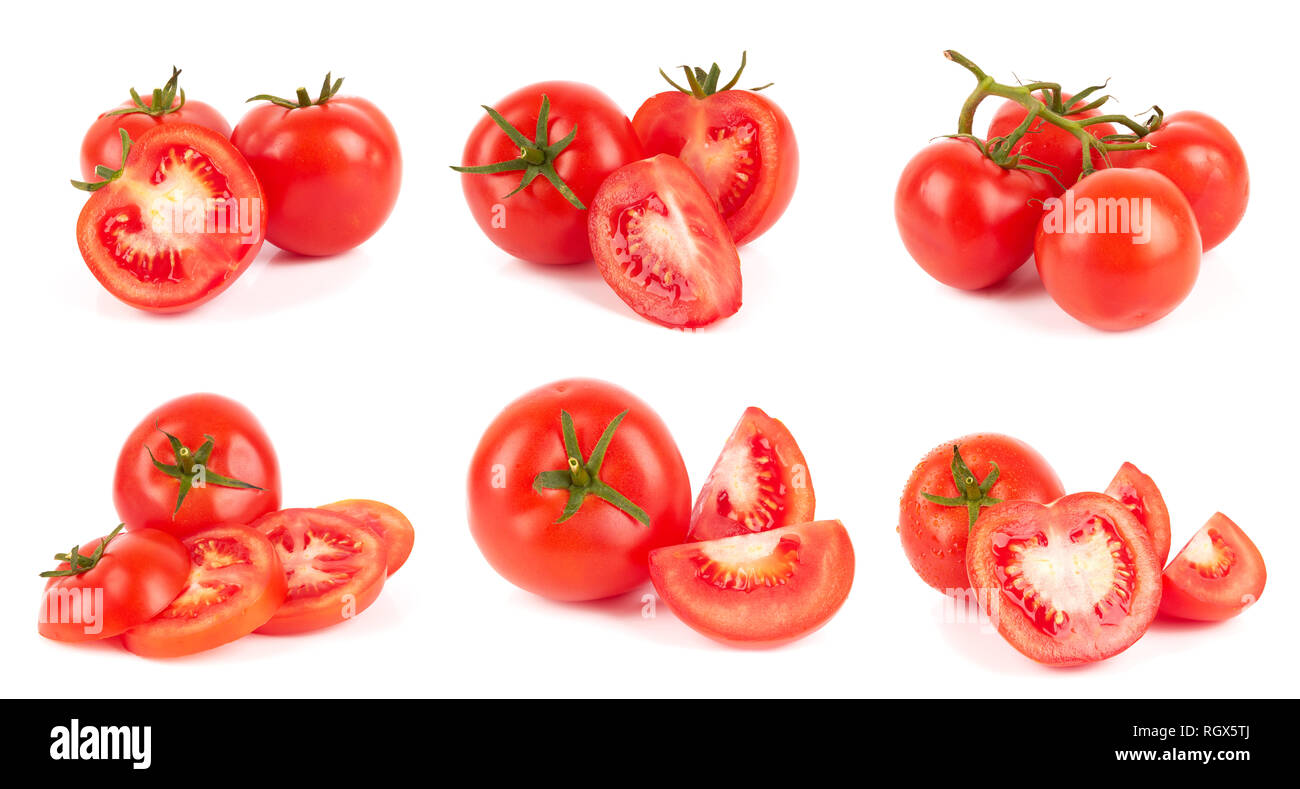 Primo piano di pomodori isolati su sfondo bianco Foto Stock