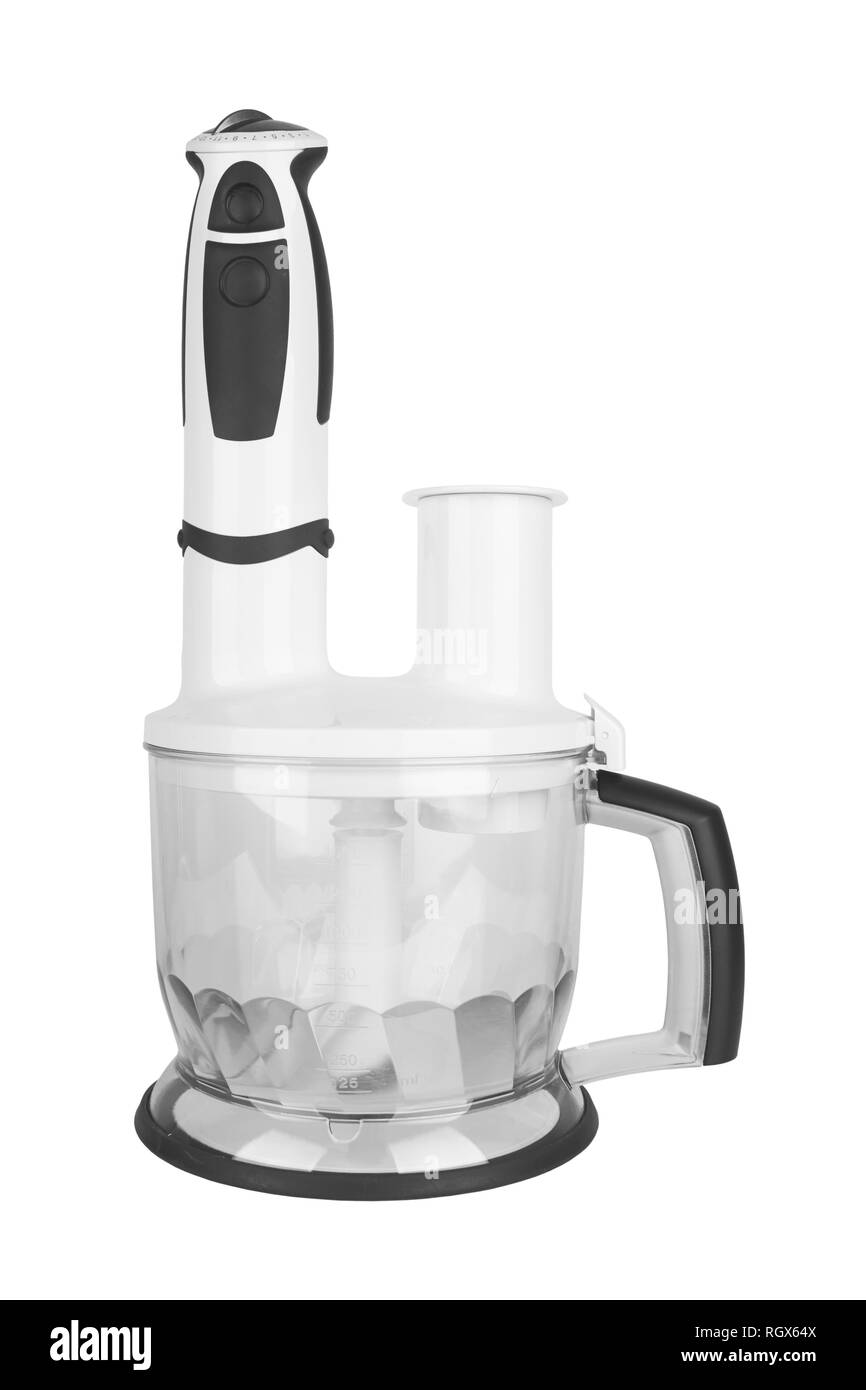 A mano elettrico mixer e stoviglie isolato su uno sfondo bianco Foto Stock