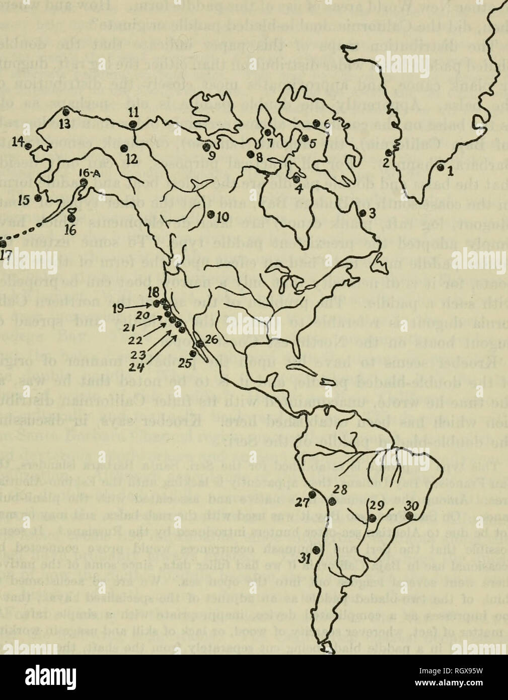 . Bollettino. Etnologia. Na 39] Navigazione aborigena-HEIZER E MASSEY 305. Mappa 7.-la distribuzione del doppio-bladed paddle nel Nuovo Mondo, /., E. eschimesi della Groenlandia. H, W. eschimesi della Groenlandia. 5, Labrador Eschimese, 4, Southampton isola eschimese. B Iglulik eschimese. 6, Isola Baffin Eskimo. 7, Netsilik Eskimo. 8, Caribou Coffee Company eschimese. 9, rame eschimese. 10, Chipewyan. //, Mackenzie eschimese. 12, Kutchin. È, punto Barrow eschimese. H, lo stretto di Bering eschimese. 15, Isola Nunivak eschimese. 16, Pacific Eskimo (Koniag). 16-A, Tanaina. 17, Aleut. 18, Coast Miwok (Bodega Bay). 19, Coast Miwok (Drake's Bay). Così, Costanoan (S Foto Stock