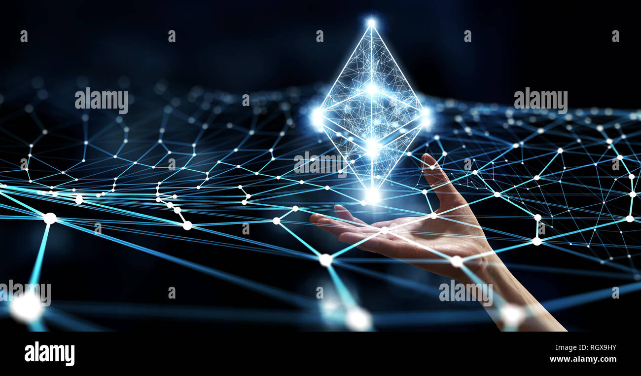 Bitcoin e Ethereum simboli astratti su sfondo blu. Il rendering 3D Foto Stock