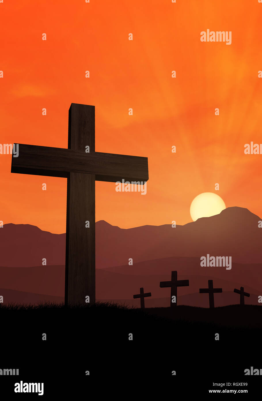 Cimitero di fronte montagne al tramonto 2 Foto Stock