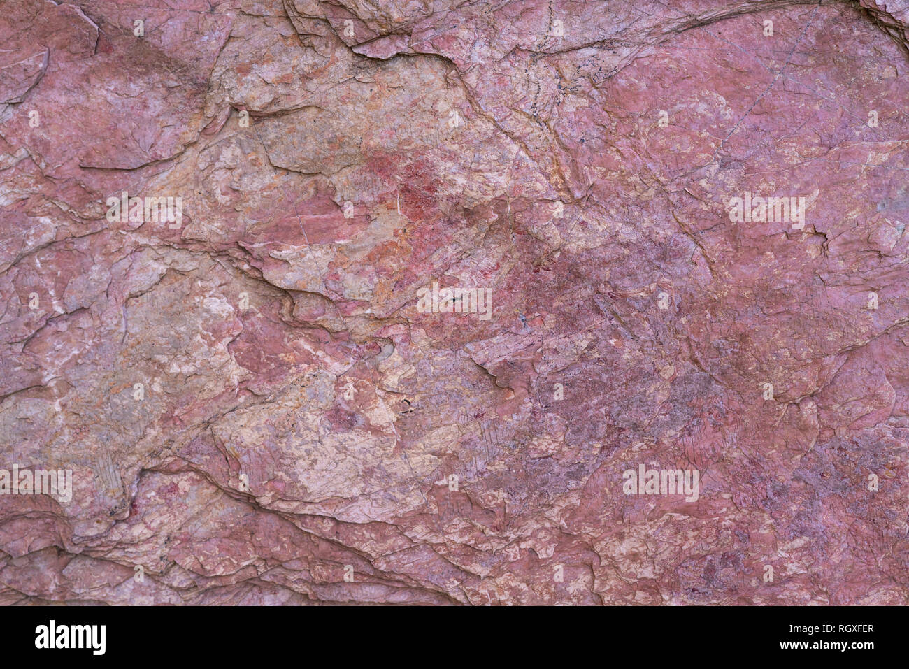 Tessitura della pietra lo sfondo con il motivo unico. Rosa rock texture. Superficie di roccia sfondo astratto. Pietra naturale dello sfondo. Viola pietra grezza pavimento. Foto Stock