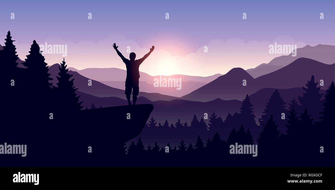 Uomo felice con le braccia sollevate sorge sulla cima di una scogliera nel paesaggio di montagna a sunrise illustrazione vettoriale EPS10 Illustrazione Vettoriale