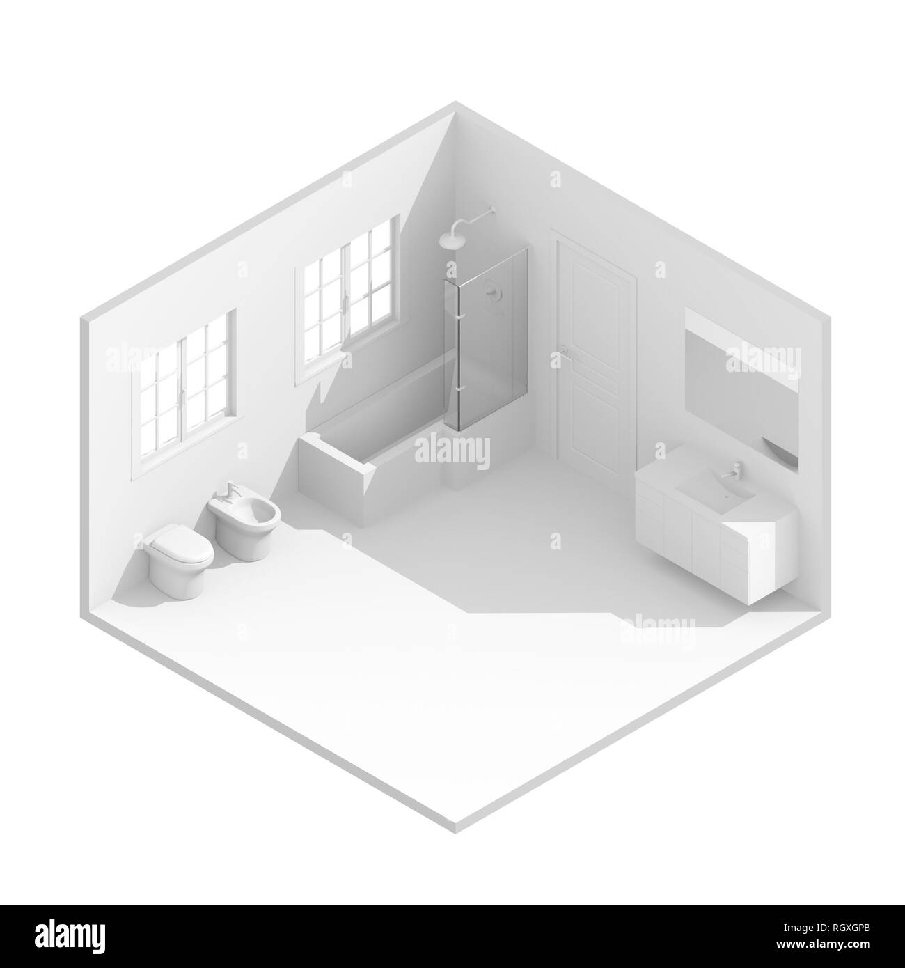 3D rendering isometrica illustrazione del bagno di colore bianco Foto Stock