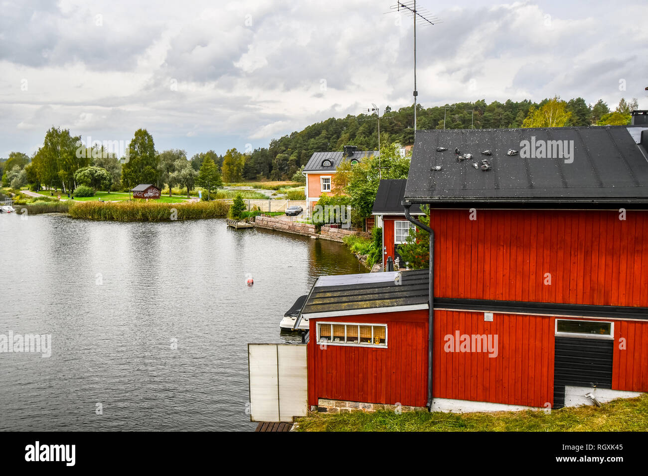 Piccioni posatoio sul tetto di una casa presso il fiume Porvoonjoki adiacente al borgo medievale e le case di Porvoo, Finlandia a inizio autunno Foto Stock