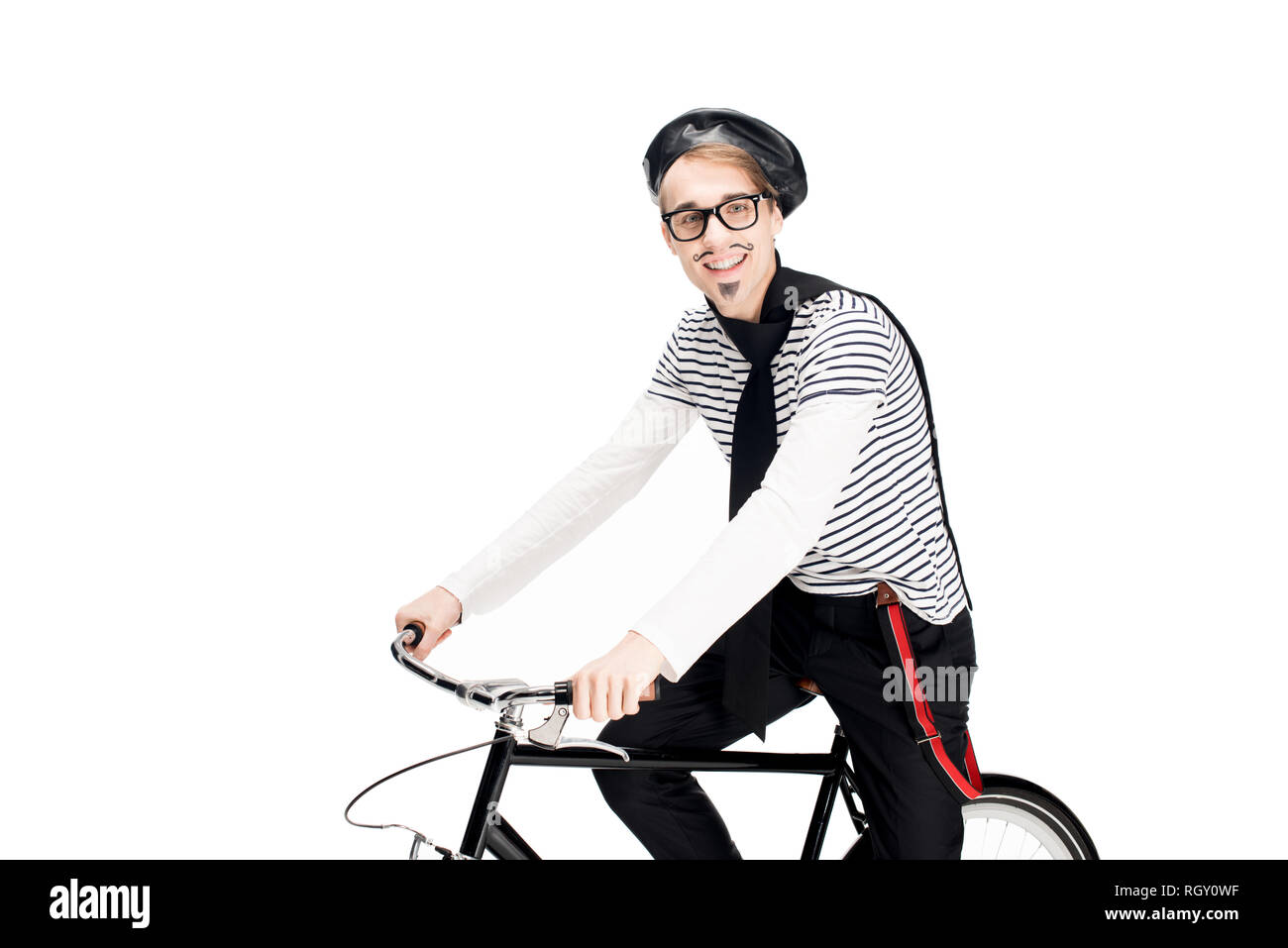 Allegro uomo francese in bicchieri Bicicletta Equitazione isolato su bianco  Foto stock - Alamy