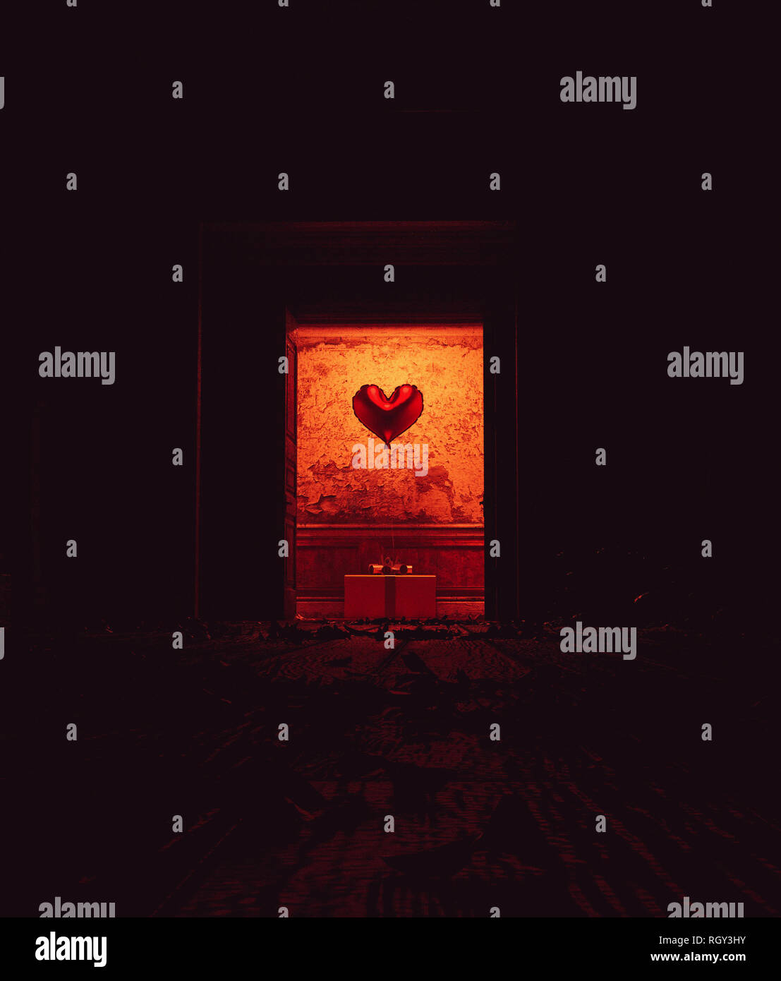 Confezione regalo e cuore palloncino in Haunted House,3d rendering Foto Stock