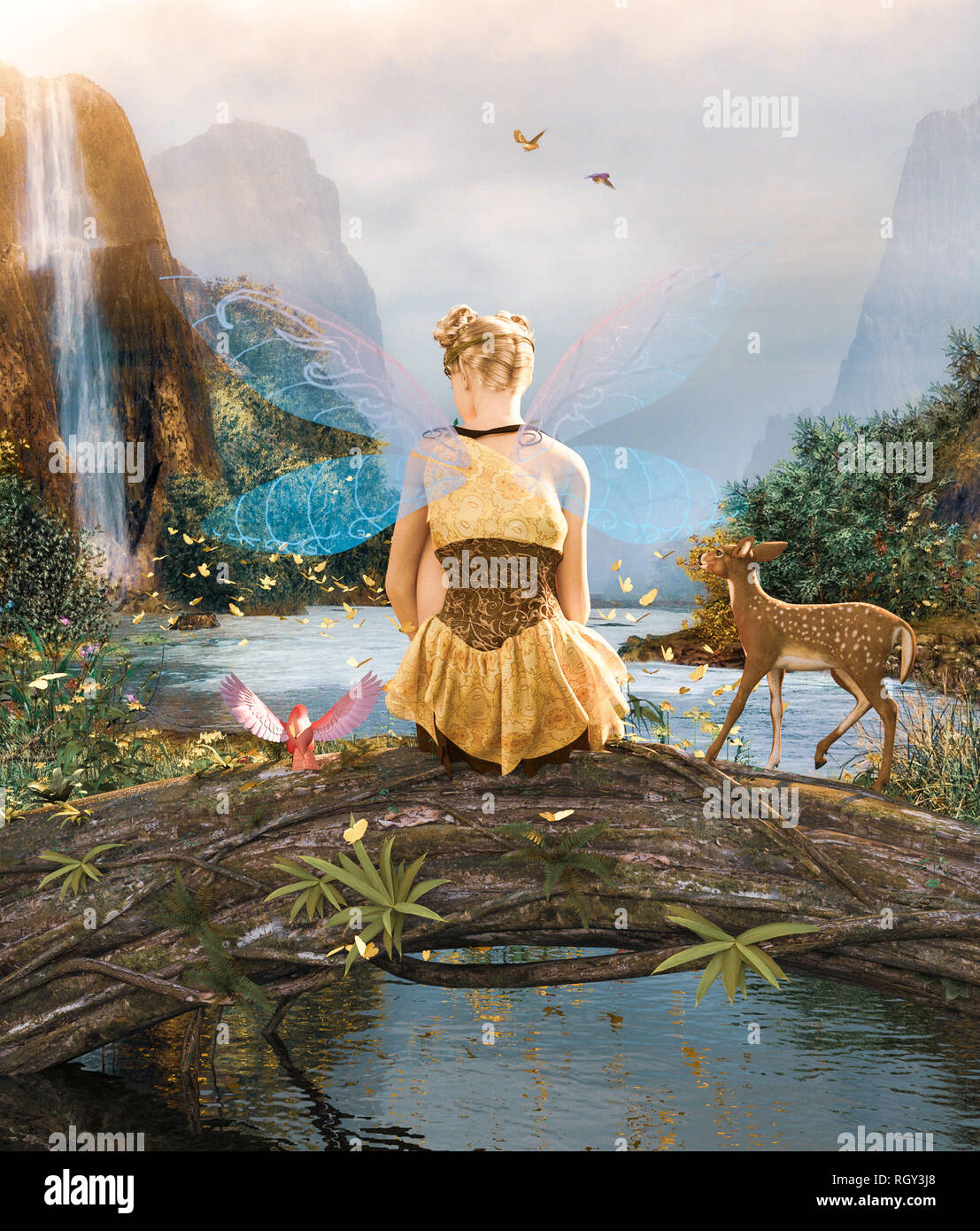 3d Fantasy poco pixie nella mitica foresta,3d illustrazione per la copertina del libro o illustrazione del libro Foto Stock