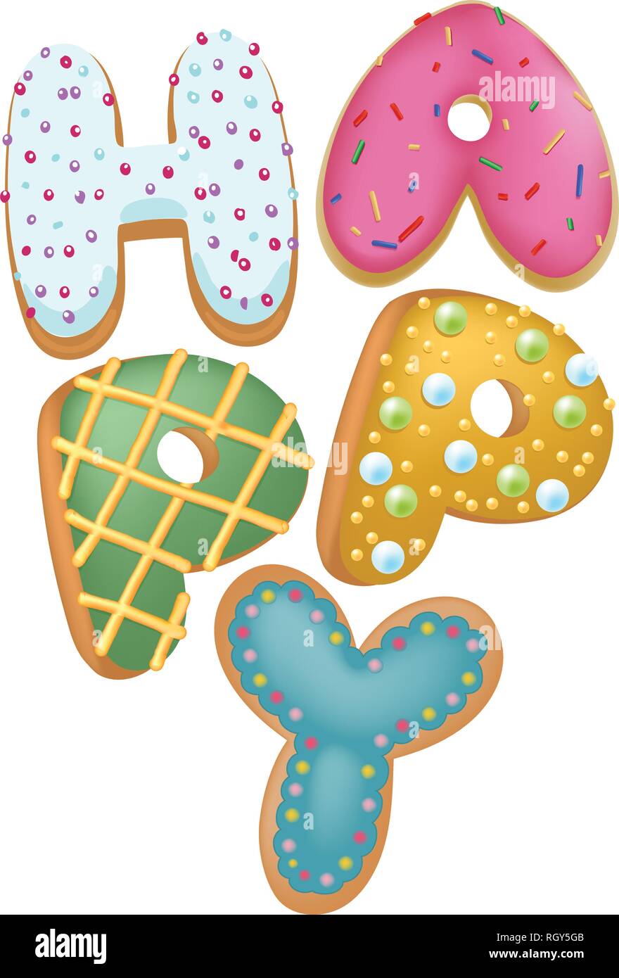Colori misti a ciambella Felice insegna, vista dall'alto, per un panificio presente, buon compleanno concetto. Illustrazione Vettoriale
