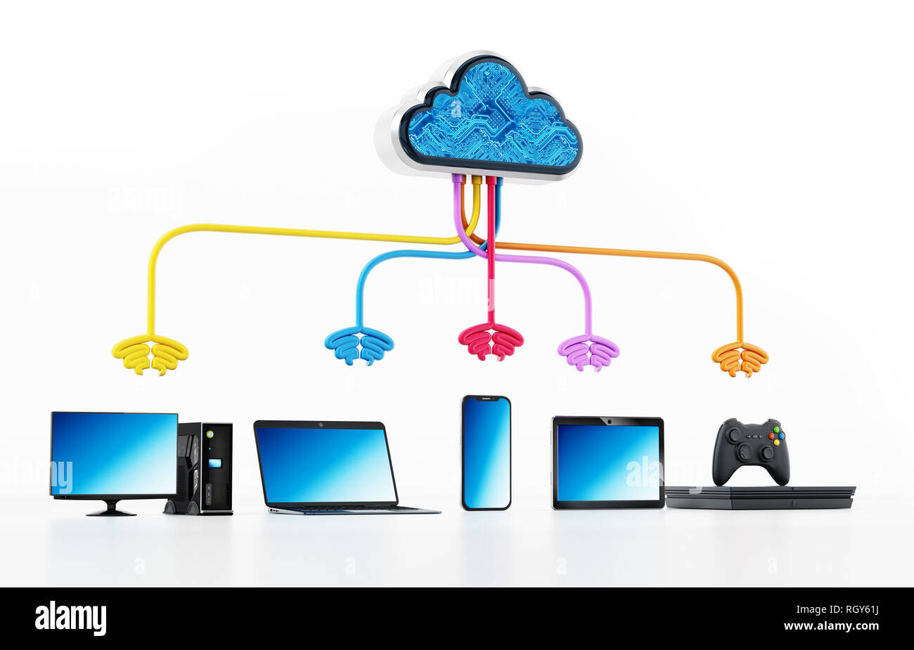 Il cloud computing diagramma con vari dispositivi collegati. 3D'illustrazione. Foto Stock