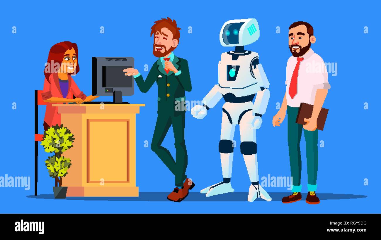Il robot si leva in piedi nella linea tra le persone al momento del check-in desk vettore. Illustrazione isolato Illustrazione Vettoriale