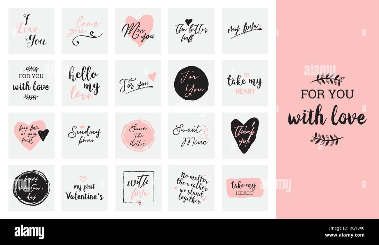 Set di nero, bianco e rosa amore scritte per il giorno di San Valentino design poster, Cartolina photo album, banner, calligrafia illustrazione vettoriale col Illustrazione Vettoriale