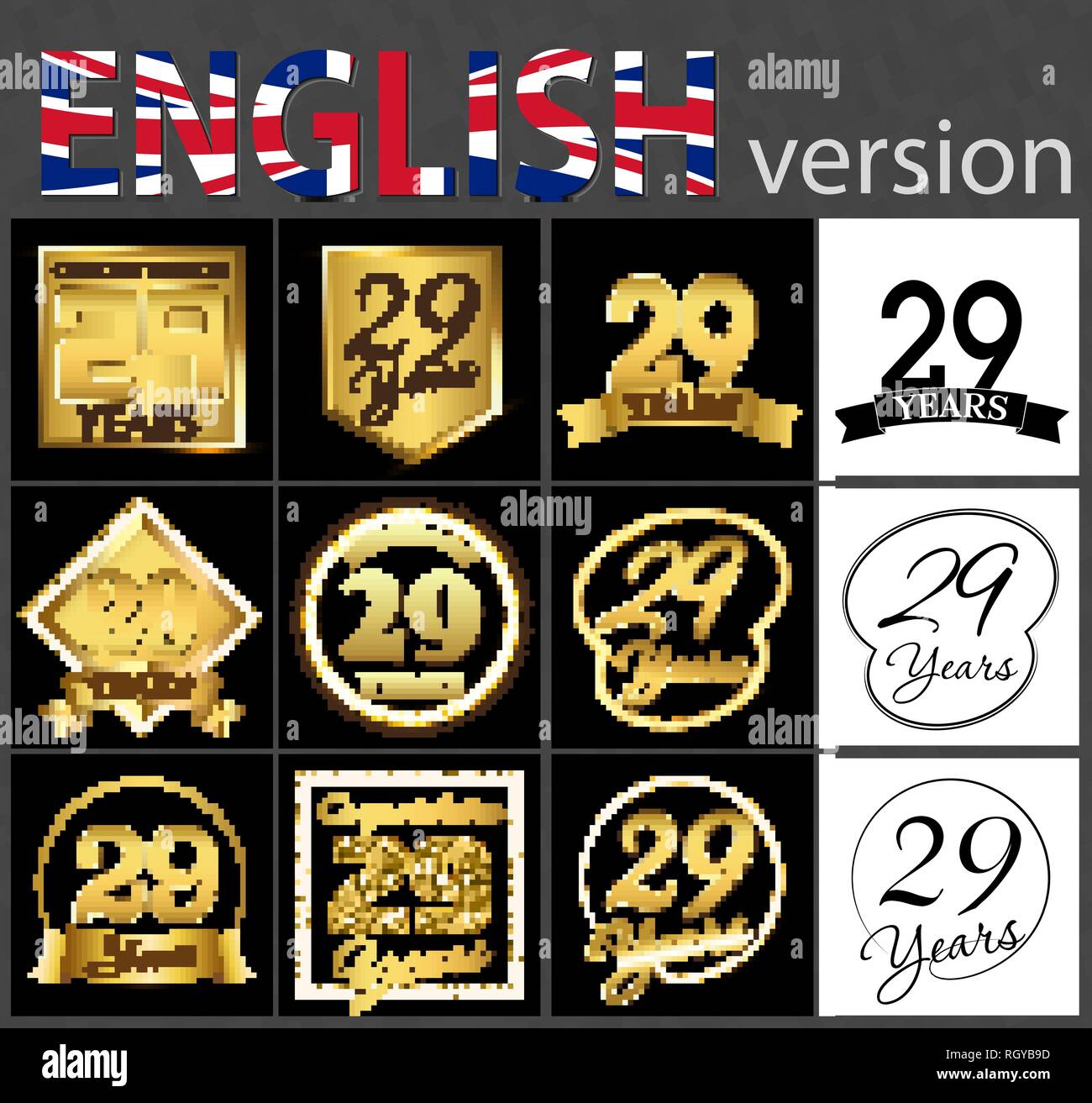 Impostare il numero di 29 anni (ventinove anni) celebrazione. Anniversario numero d'oro agli elementi del modello per la tua festa di compleanno Illustrazione Vettoriale