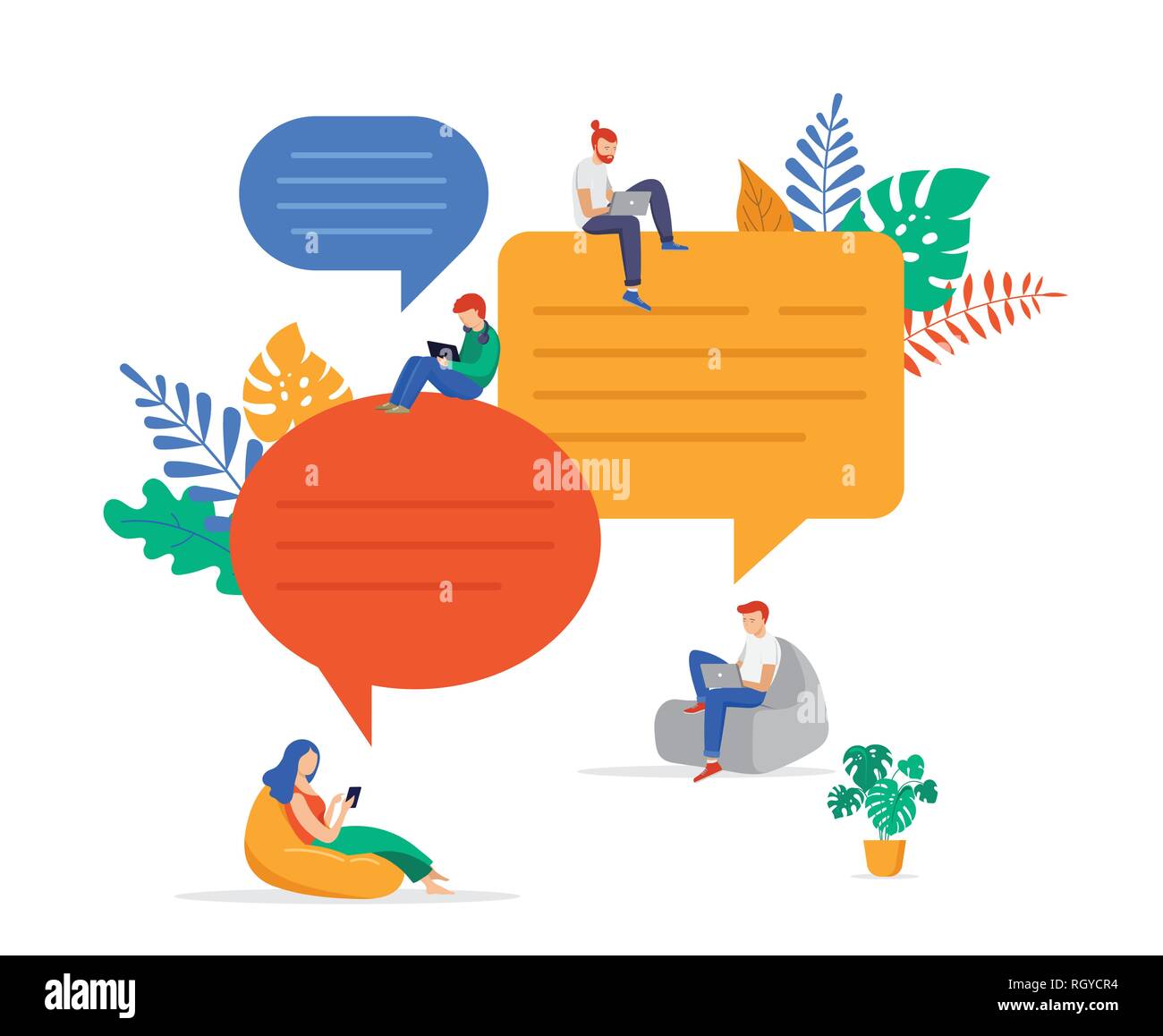 Un gruppo di giovani la comunicazione in cerca di idee, problem solving, chat, fare brainstorming . Uno stile piatto illustrazione vettoriale Illustrazione Vettoriale
