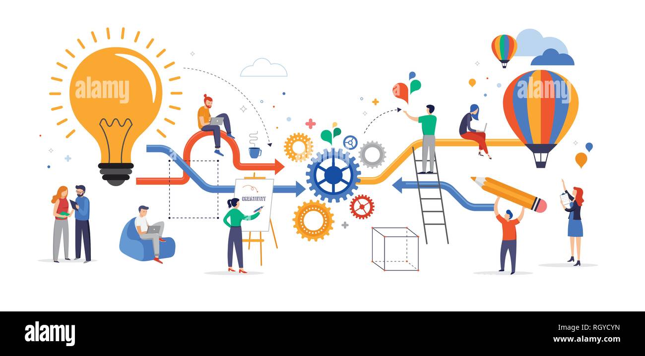 Un gruppo di giovani persone che collaborano, risolvere i problemi, pensando di idea creativa, brainstorming e il lavoro di squadra concetto. Piatto di vettore di stile Illustrazione Vettoriale