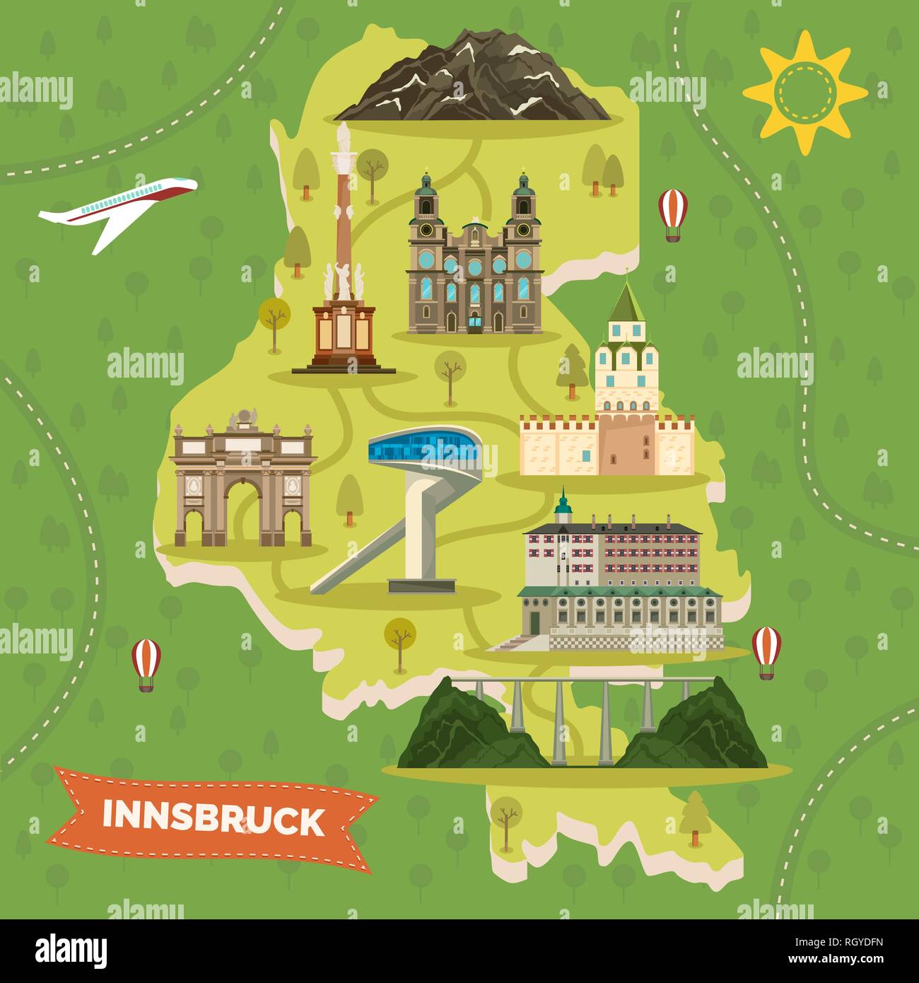 Mappa di Innsbruck con punti di riferimento. Austria Città Illustrazione Vettoriale