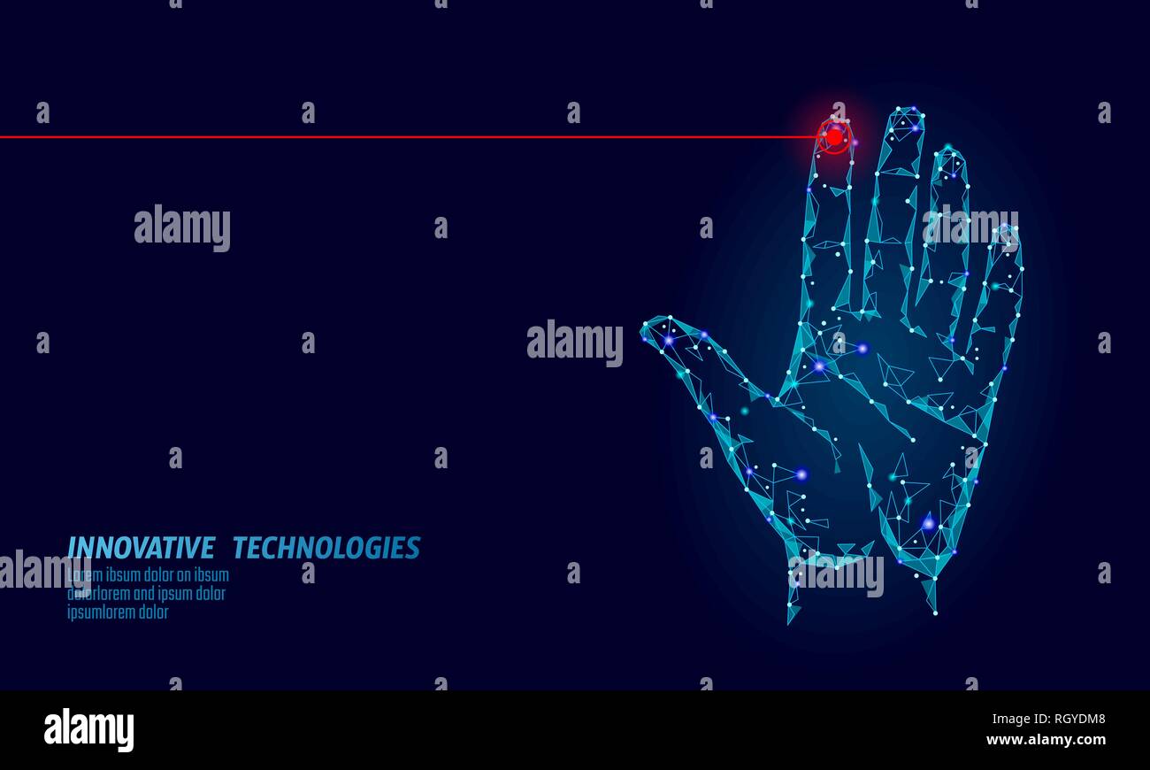 Bassa poli mano scansione cyber security. Identificazione personale handprint impronte digitali codice ID. I dati delle informazioni di accesso di sicurezza. Internet futuristico di rete Illustrazione Vettoriale