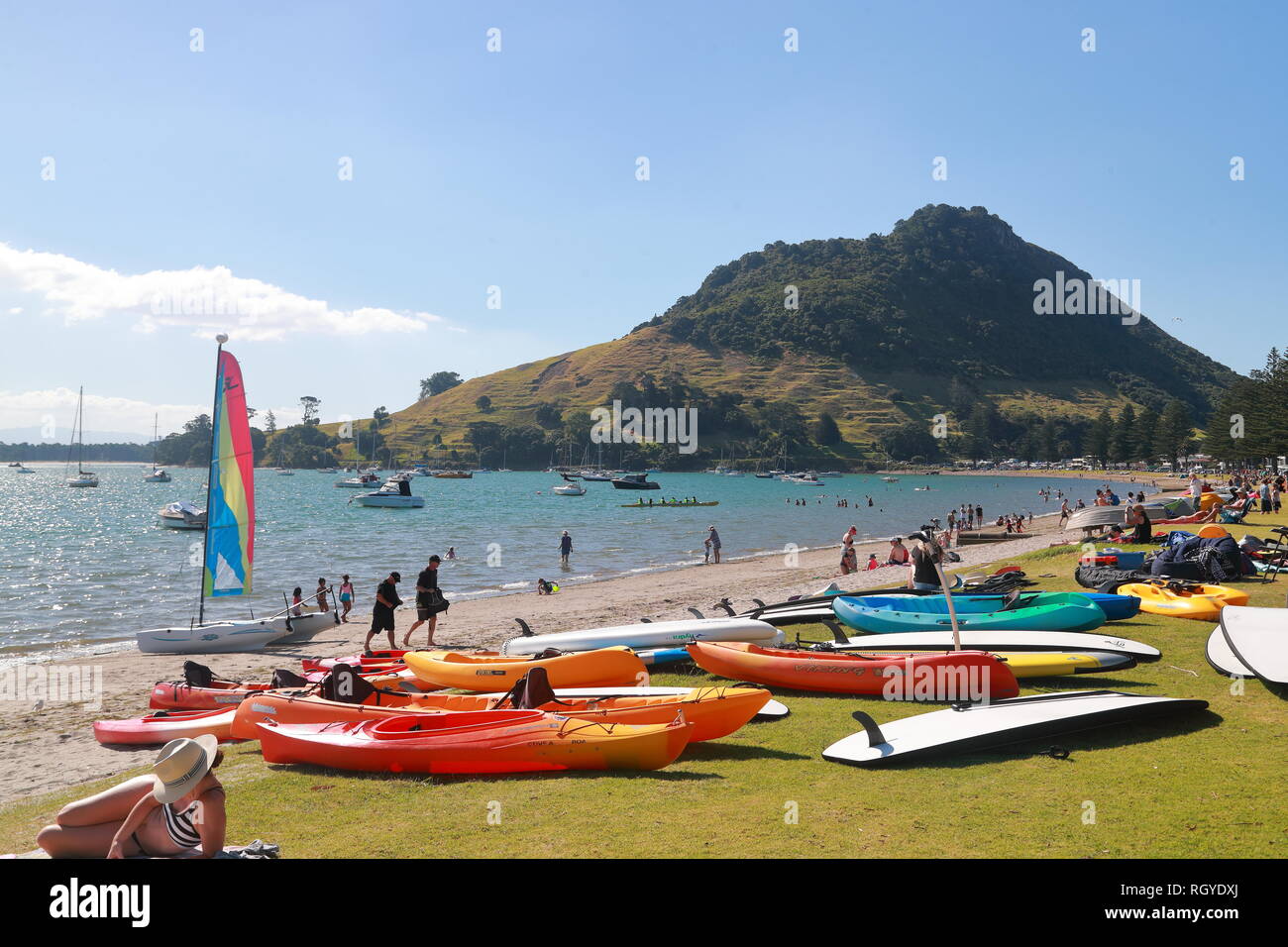 Spiaggia Vicino a Mount Maunganui, Tauranga, Nuova Zelanda Foto Stock