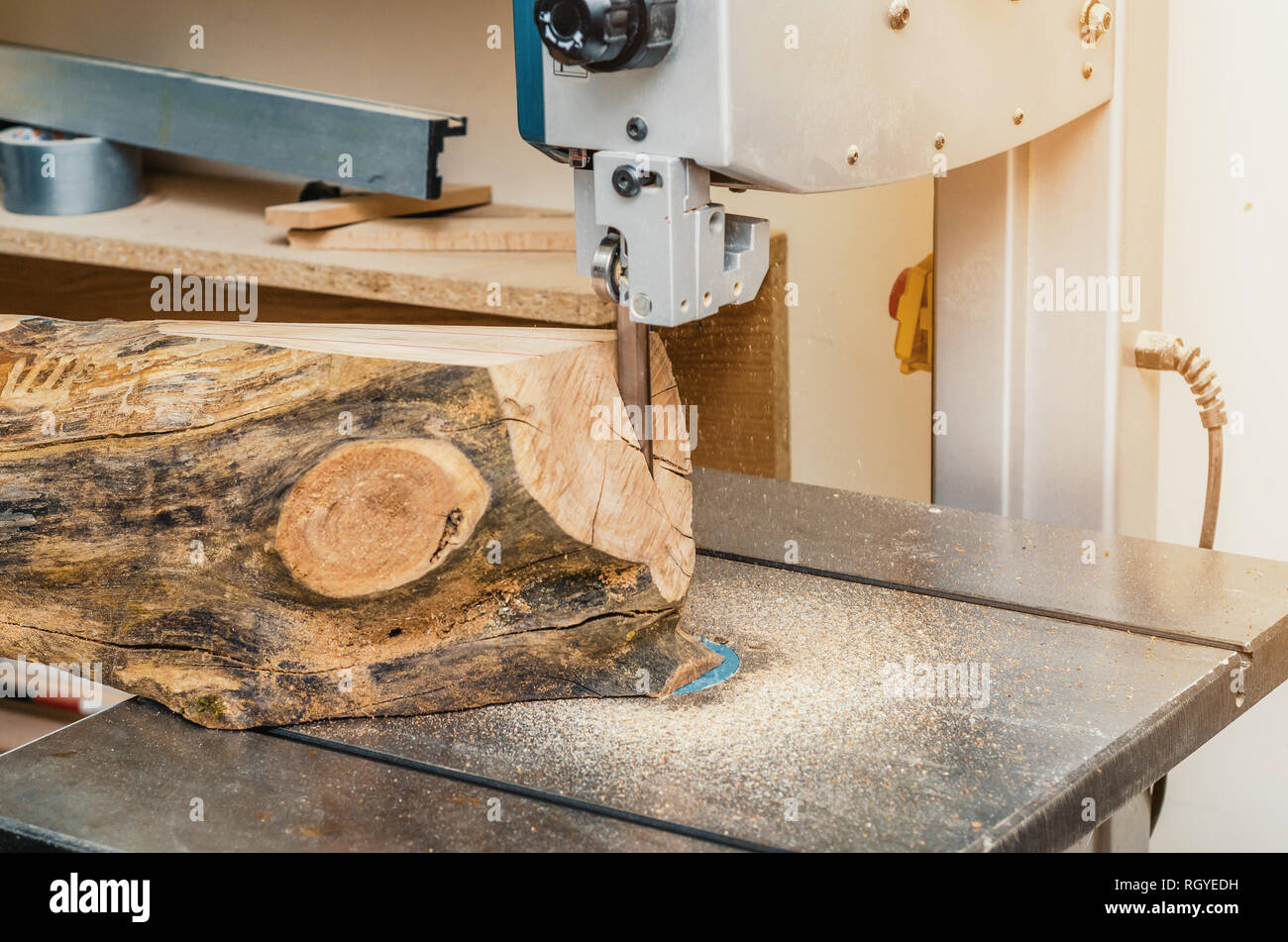 Sega a nastro, la macchina taglia il log su schede. Macchine per la  lavorazione del legno e dei prodotti del legno, lavoro, occupazione Foto  stock - Alamy