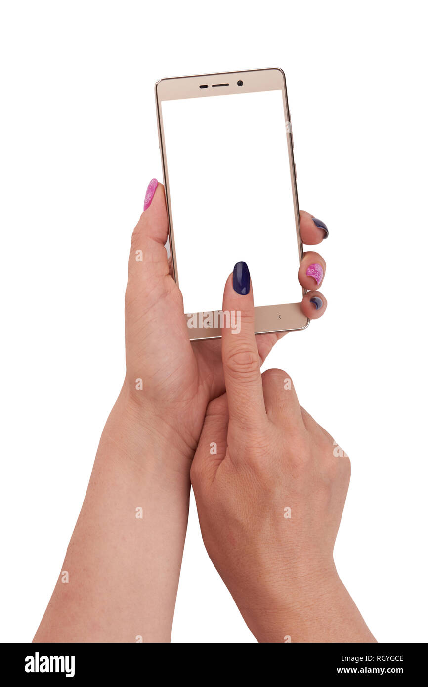 Donna mano che tiene un smartphone oro isolato su uno sfondo bianco Foto Stock