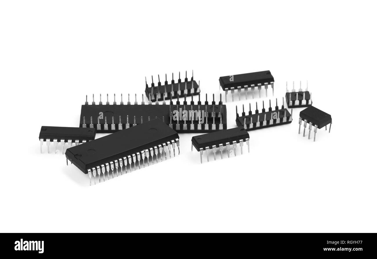 Il nuovo microchip isolato su uno sfondo bianco Foto Stock