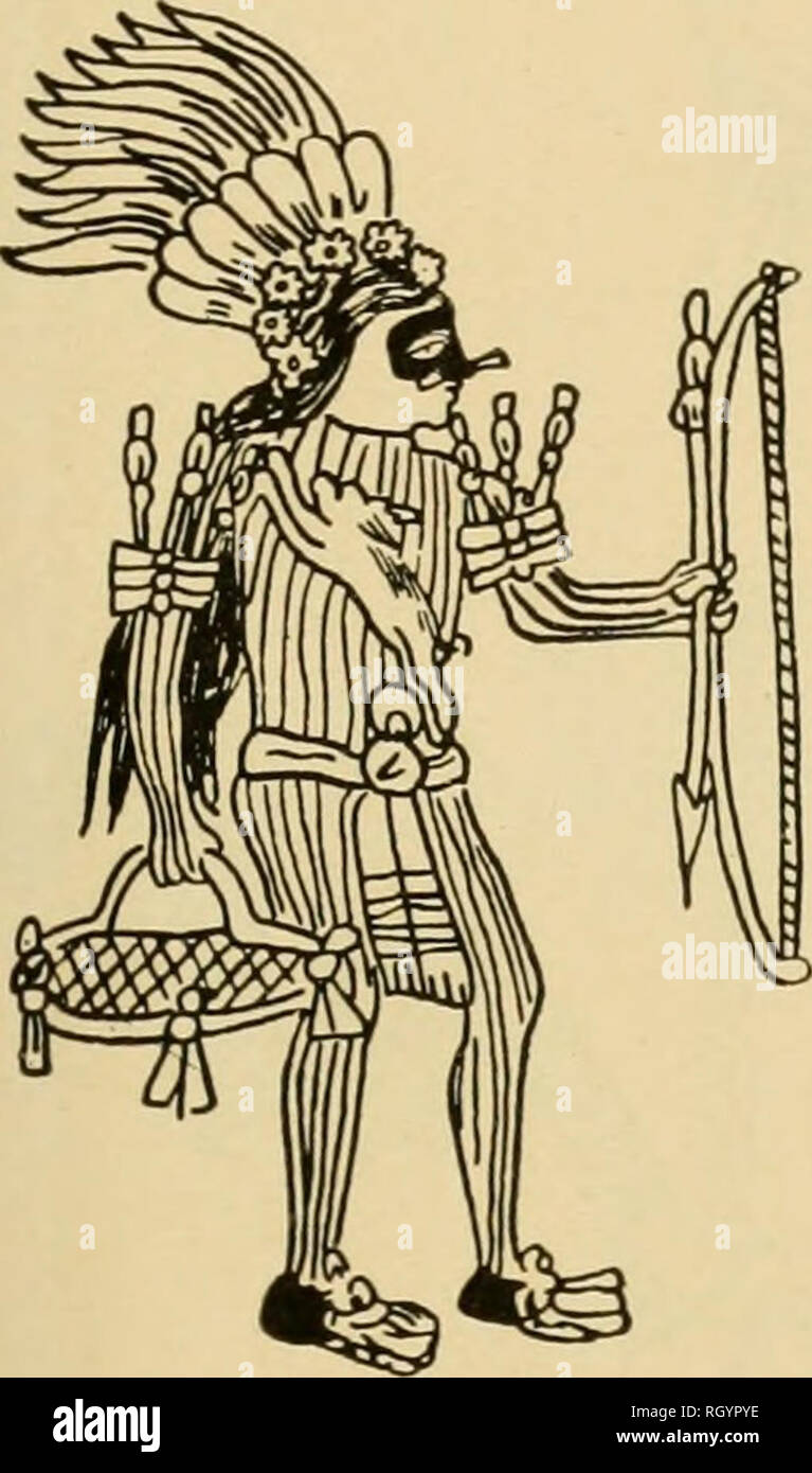 . Bollettino. Etnologia. SELEU] SPIEGAZIONE DEI DIPINTI MURALI 319 {(f, figura, da Diiniu, voluine 2, piastra G,), e di Paynal Atlaua e come essi sono rappresentati in Aztec Sahao:onu manoscritto della Biblioteca del Palacio a Madrid (h e r, figura 70). È stato inoltre ehai-acteristic di Mixcoatl. che. come Camaxtli, era Dio di chase e in onore del quale i messicani hanno celebrato la festa di Quecholli. Una foto in Sahagun manoscritto del Bildioteca del Palacio rappresenta questa festa con Dio e di cacciatori di indossare il costume del dio che eseguire una danza o marzo in processio Foto Stock