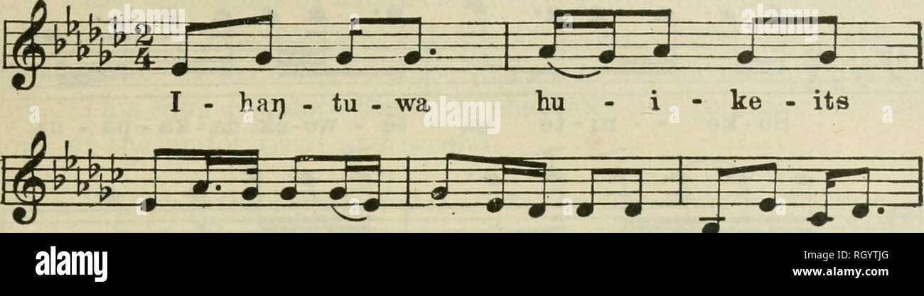 . Bollettino. Etnologia. DBNSMOKB]" MANDAN E HIDATSA MUSICA No. 98. " Sioux Vieni " registrato da Ckow il cuore VOICK J - 72 il tamburo non registrato 167 (catalogo n. 882). un i-a-huk a i - wi-a-i-dut lui e mi-ka ^m ^j n^u^yiijf% AVORDS (HIDATSA) Ihaij'tuwa la Teton Sioux hu'ike'suo venire (una parola che esprime disprezzo) i'ahuk e molti di tliem, i'wia piangere iduts' continuamente, i'ka ecco loro analisi.-Questo interessante melody comprende due parti, ciascuna con- te quattro misure. Le misure di apertura della seconda parte sono state fortemente accentata. La melodia si estende in parte al di sopra ed in parte b Foto Stock