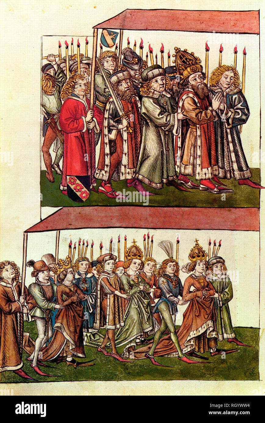 Re Sigismondo e Regina Barbara (sloveno: Barbara Celjska, ungherese: Cillei Borbála) o Barbara di Cilli), destra, e la figlia, la regina Elisabetta di Lussemburgo (moglie di Albrecht II. HRR), a sinistra) sul treno a Münster, circa 1440 Foto Stock