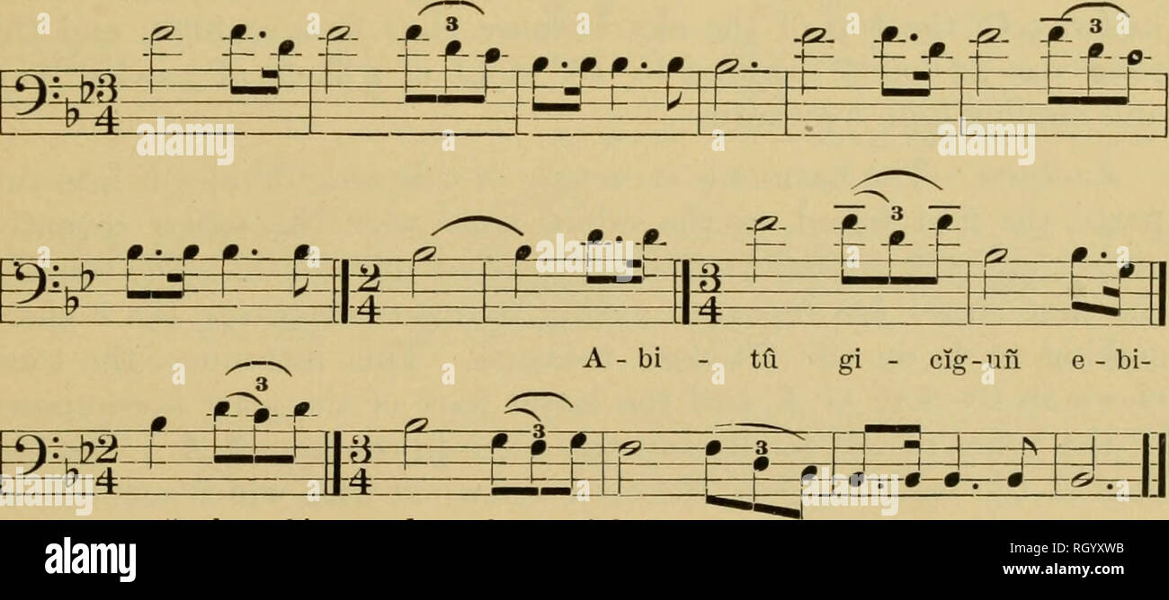 . Bollettino. Etnologia. densmoke] CHIPPEWA MUSICA 129 Misiwty tutto Akifi il mondo Nin^debwe^widflm^ la mia voce risuona in questo brano, come nella precedente, la cantante contemphites la tempesta. Egli sente il riverbero del tuono e nel suo sogno o trance egli compone una canzone ad esso relative. Analisi.-Questa canzone è decisamente maggiore in tonahty ed è stato cantato nel momento esatto in tutto e per tutto. L'unità metrico del diiim shghtly è più rapida rispetto a quella della voce e produce un effetto di fretta la voce. La posizione abbassata di Sesto si verifica come un accidentale. È impossibile indicare l'esatta deviazioni dal pi Foto Stock