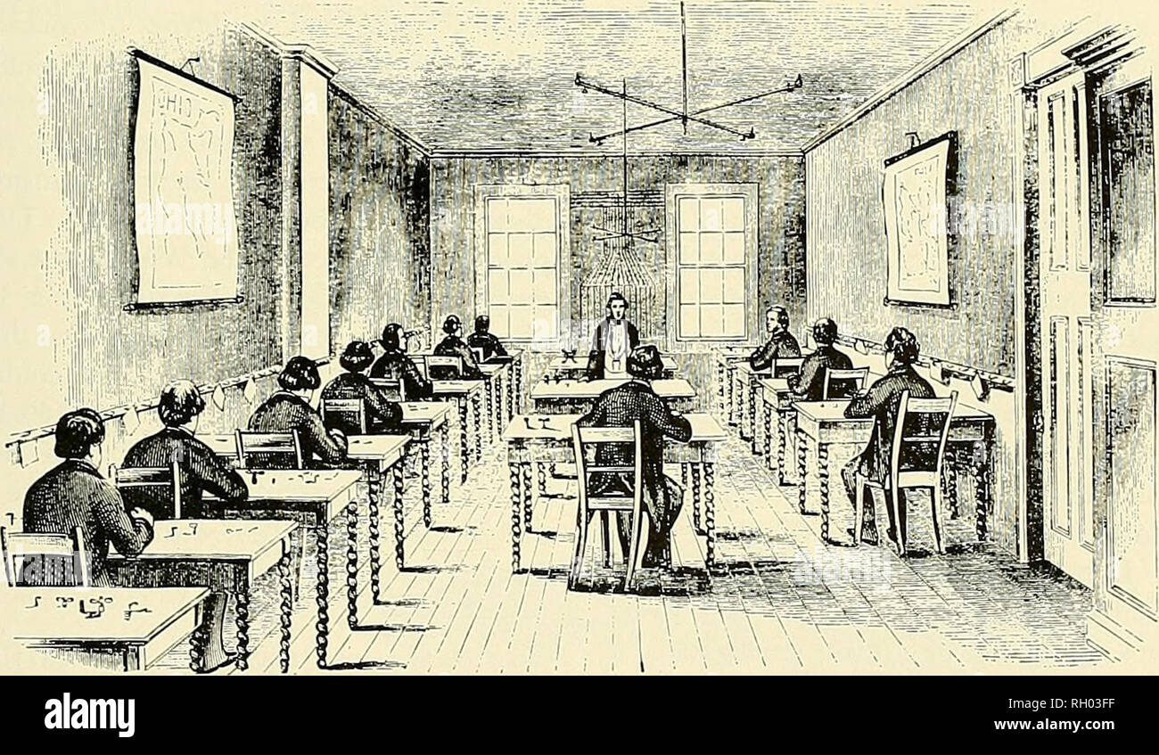 . Bollettino. La scienza. Figura 42.-American telegrafo ufficio {top) e la sala operativa della metà del XIX secolo. Da T. Shaffner, le tele- manuale grafico, New York. 1859, pagg. 459, 461.. decennio prima che essi sono andati fuori servizio e da allora gli altri erano stati stabiliti. In aggiunta al cavo sottomarino sistema, terra telegrafico di sistema è stato inoltre una crescente. Dal 1865 ci sono stati 16.000 miglia di linee del telegrafo in Gran Bretagna, 64.000 miglia in Francia e 28.000 miglia in Prussia. Negli Stati Uniti la guerra civile aveva interferito con la normale crescita economica del business, ma alla fine della guerra le tre lar Foto Stock