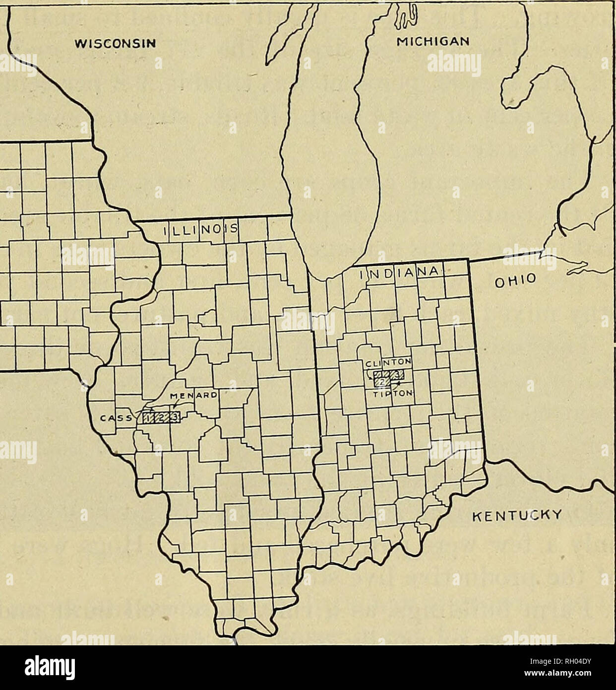 . Bollettino. 2X. Fig. 1.-Mappa di Iowa, Illinois, e Indiana, che mostra la posizione delle aree di studio. Il mais, avena, frumento e fieno sono state le colture cresciute universalmente nei distretti studiato, mais essendo la coltura prevalente in tutti i distretti. I maiali e bovini, con un paio di pecora, costituito il processo di produ- tivo live stock. Descrizione dell'AREA DELL'indiana. In Indiana tre paesini adiacenti-foresta, Johnson e Prairie-sono stati selezionati. Questa regione è in Clinton e Tipton coun- cravatte, circa 40 miglia a nord di Indianapolis. La città più vicina di con- siderable dimensione è di Francoforte. Praticamente tutti i th Foto Stock