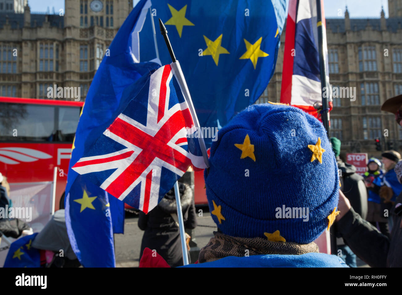 Londra, Regno Unito. 31 gennaio, 2019. Pro rimangono manifestanti dimostrare al di fuori della sede del Parlamento. Credito: George Wright Cracknell/Alamy Live News Foto Stock