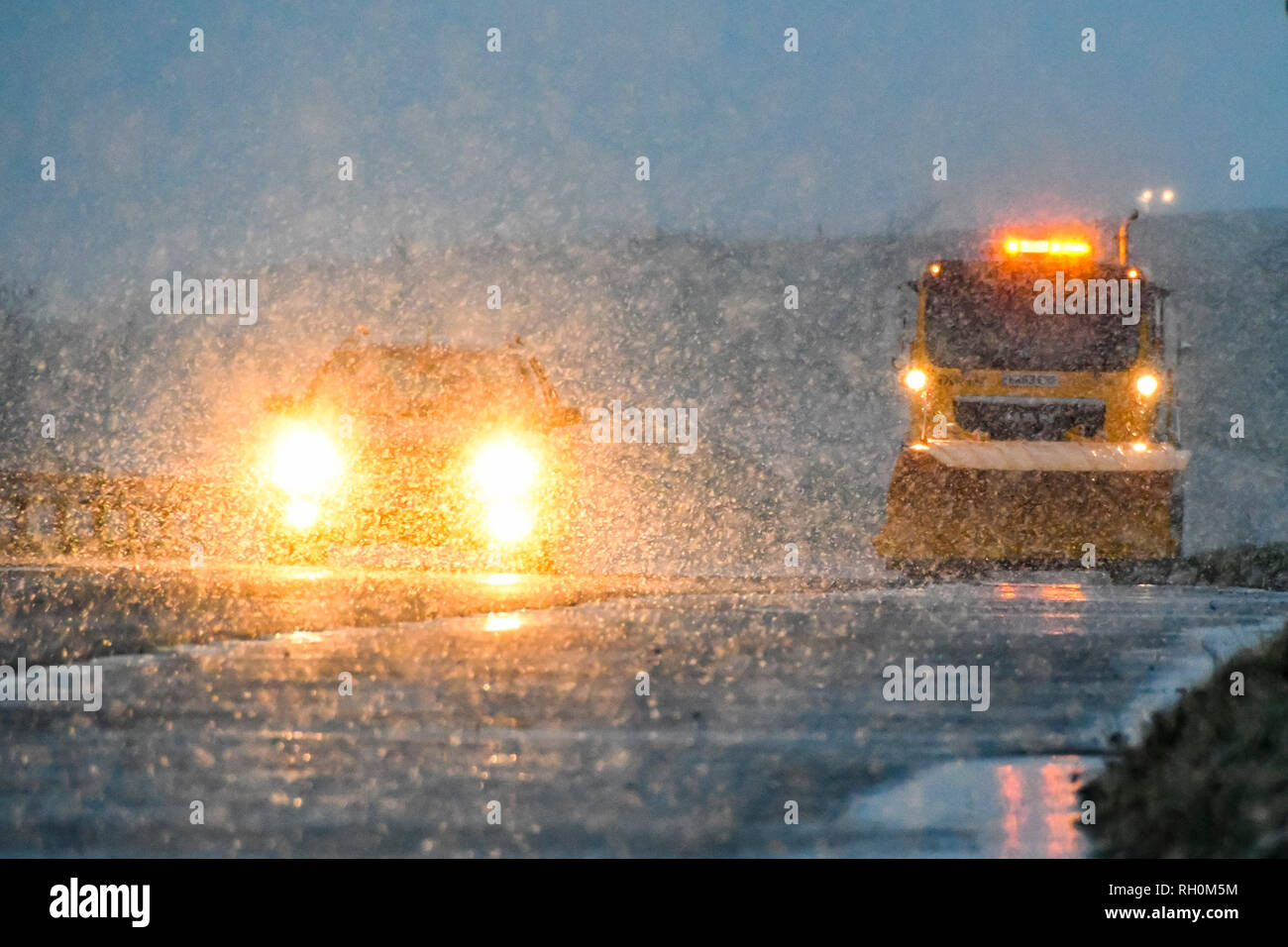 A35, lungo Bredy, Dorset, Regno Unito. Il 31 gennaio 2019. Regno Unito Meteo. Un gritting camion con uno spartineve dotato trattare la strada con sale come la neve cade al tramonto. L'Ambra allarme meteo è stato rilasciato per il sud ovest dell'Inghilterra con 5-10 cm di neve previsto a cadere. Credito Foto: Graham Fotografia Suoneria/Alamy Live News Foto Stock